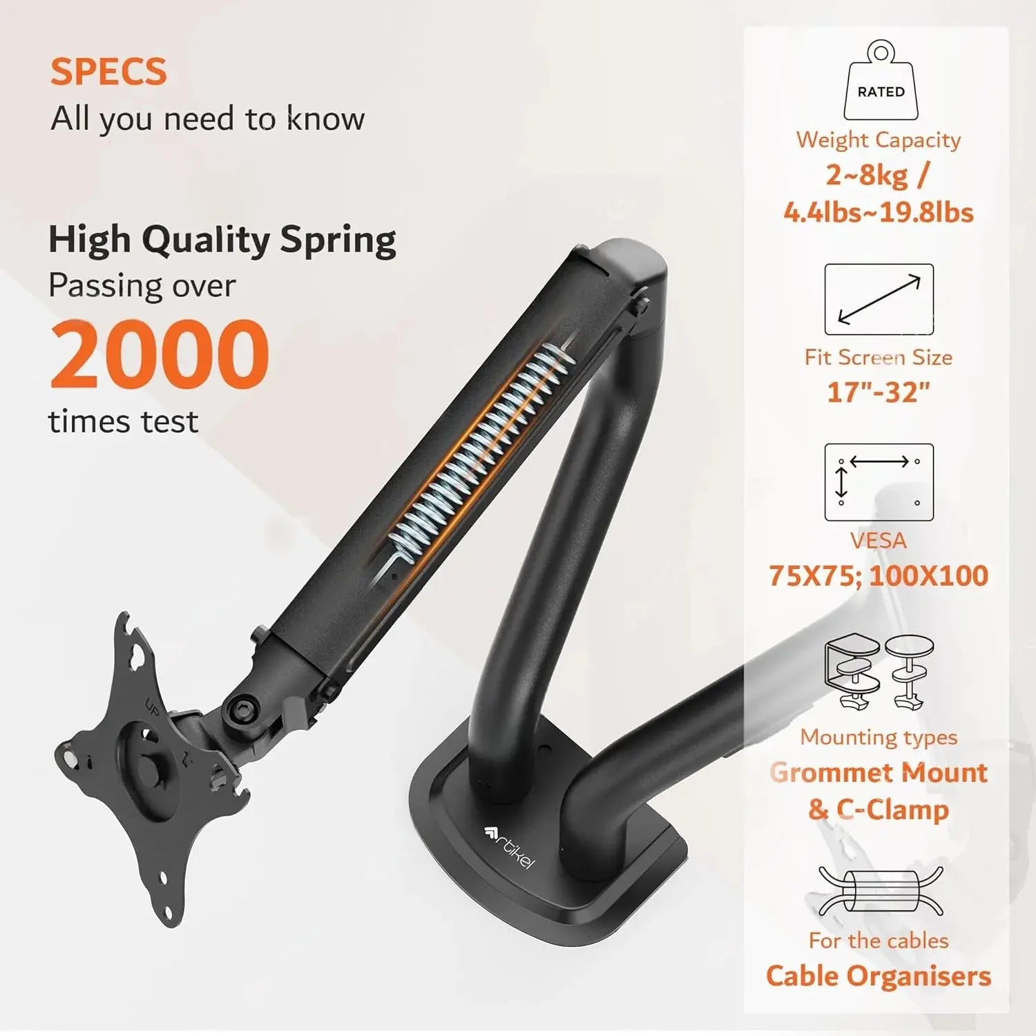 Drogo Artikel Monitor Desk Mount, Adjustable Spring Assisted Monitor Arm, VESA Mount with C Clamp & Grommet Mounting Base - 32 Inch (Black) Drogo Ergonomics