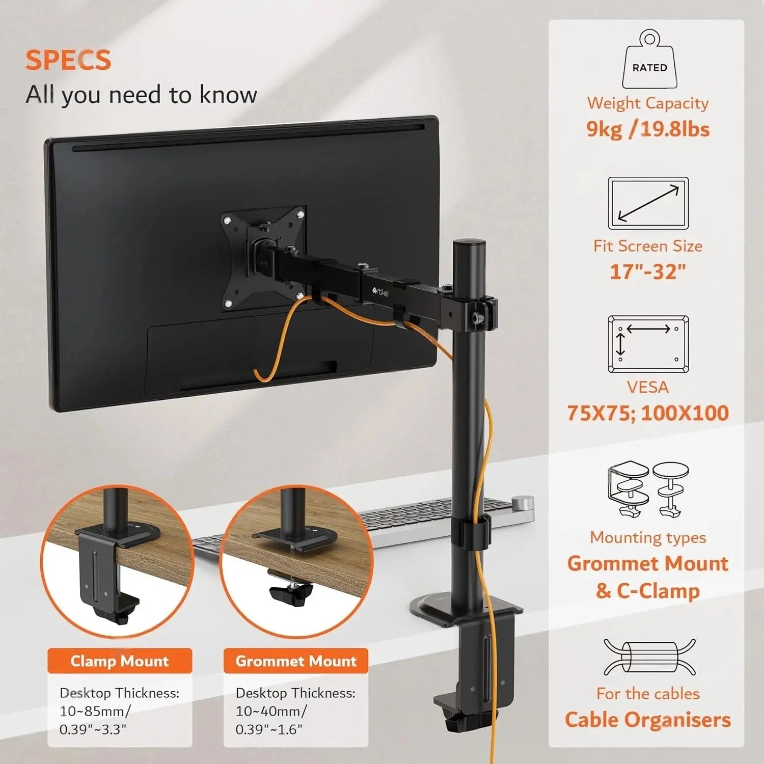 Drogo Artikel Single Monitor Desk Mount, Adjustable Heavy Duty Monitor Arm, VESA Mount with C Clamp & Grommet Mounting Base - 32 Inch (Black) Drogo Ergonomics