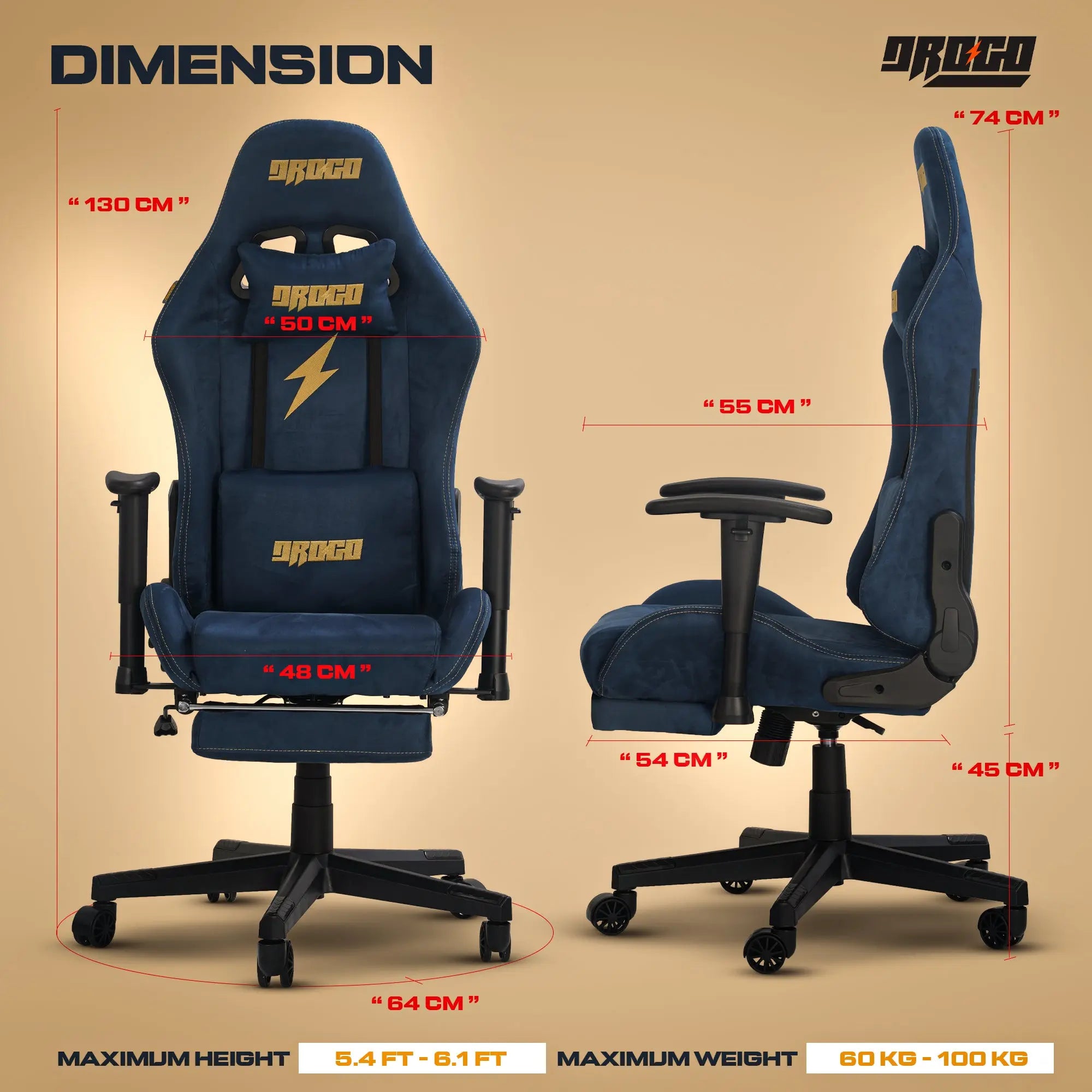 Drogo ProForm Suede Ergonomic Gaming Chair Adjustable Seat & Massager Lumbar Pillow Drogo India