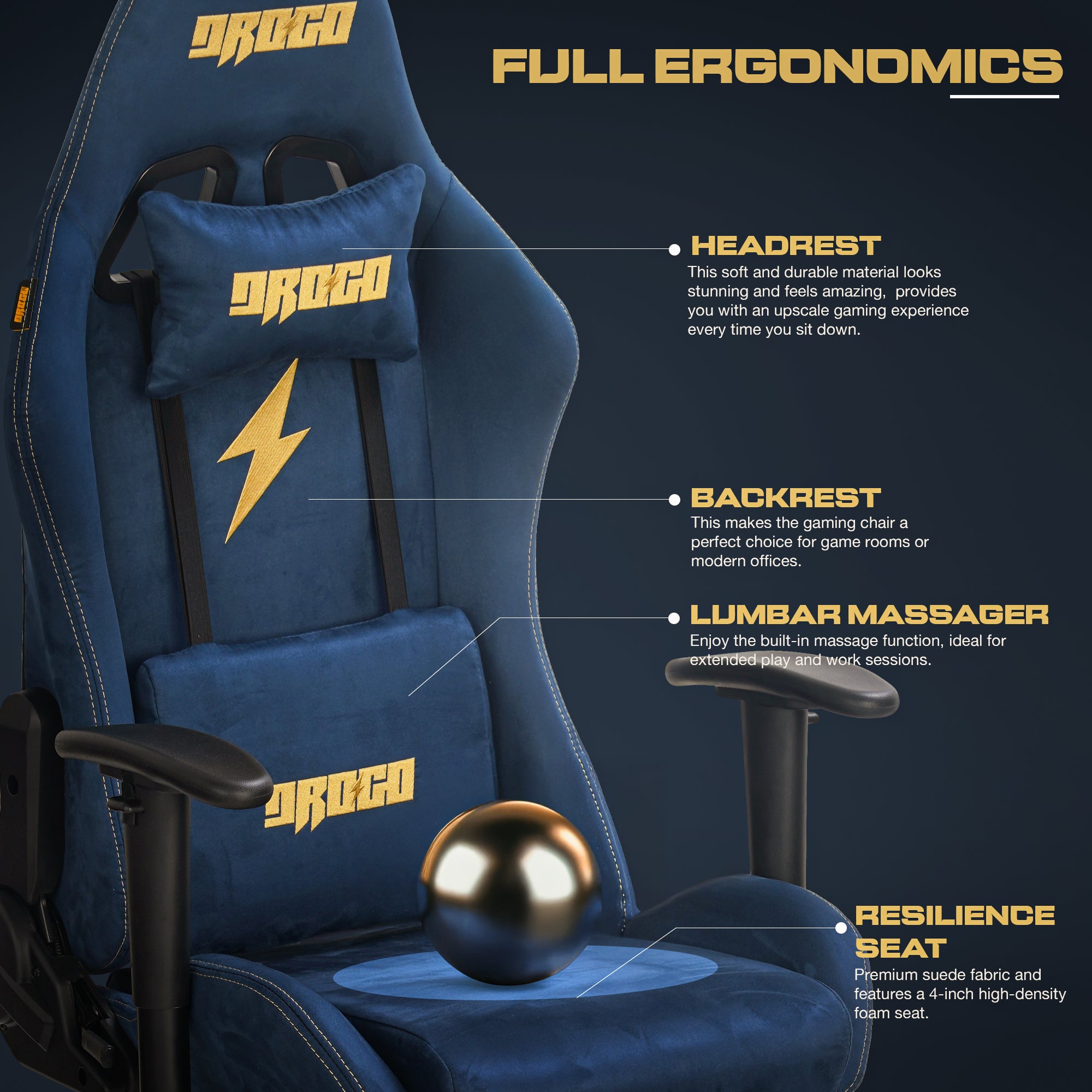 Drogo ProForm Suede Ergonomic Gaming Chair Adjustable Seat & Massager Lumbar Pillow