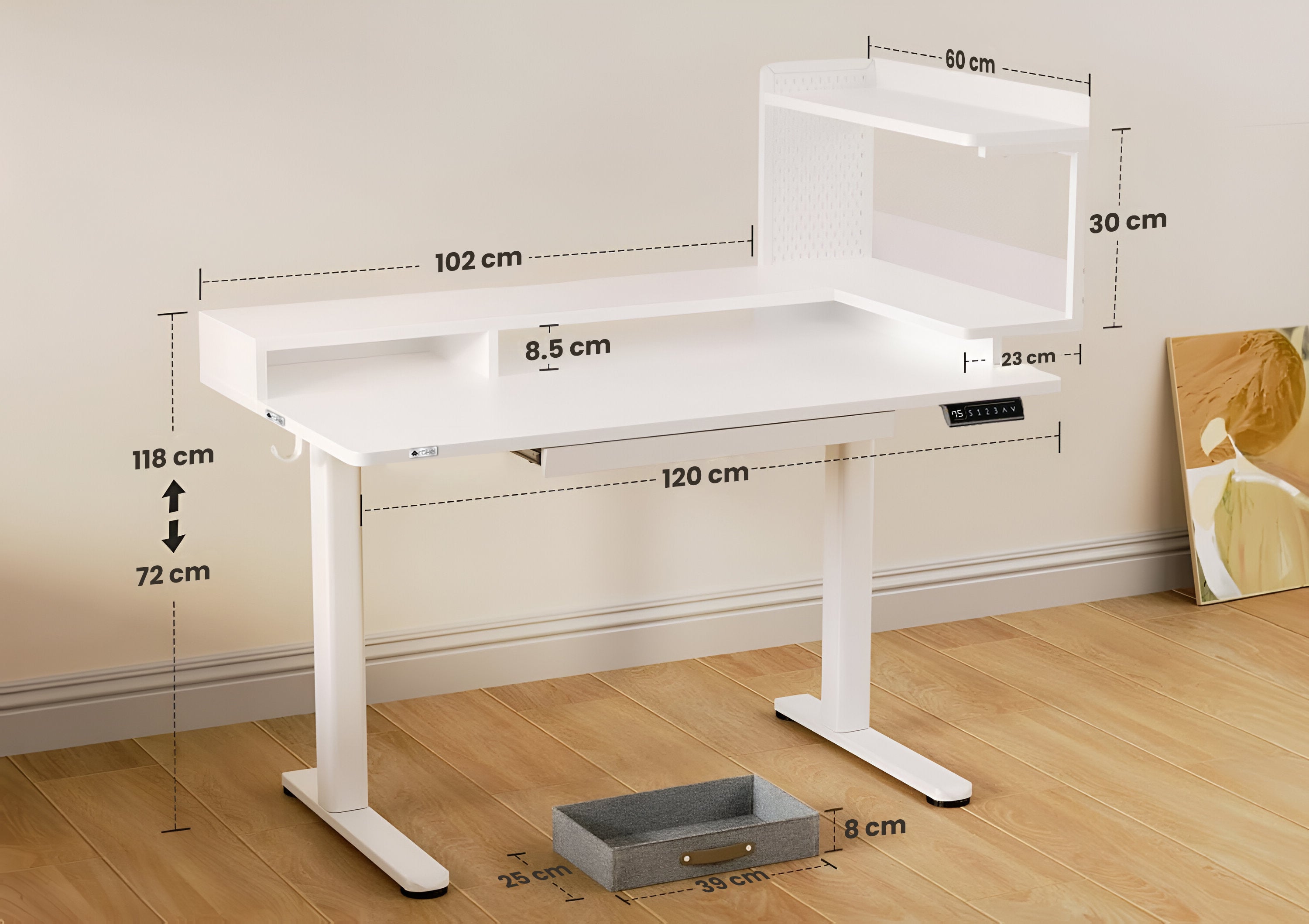 Drogo Artikel Stackon Electric Height Adjustable Standing Desk with Shelves, Keyboard Tray (Right Cabinet)