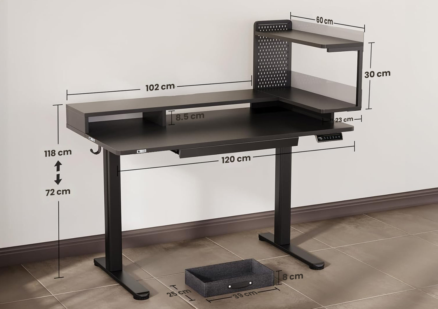 Drogo Artikel Stackon Electric Height Adjustable standing Desk with Shelves, Keyboard Tray (Right Cabinet)