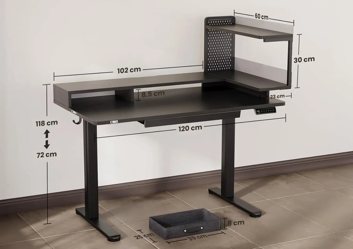 Drogo Artikel Stackon Electric Height Adjustable standing Desk with Shelves, Keyboard Tray (Right Cabinet) Drogo India