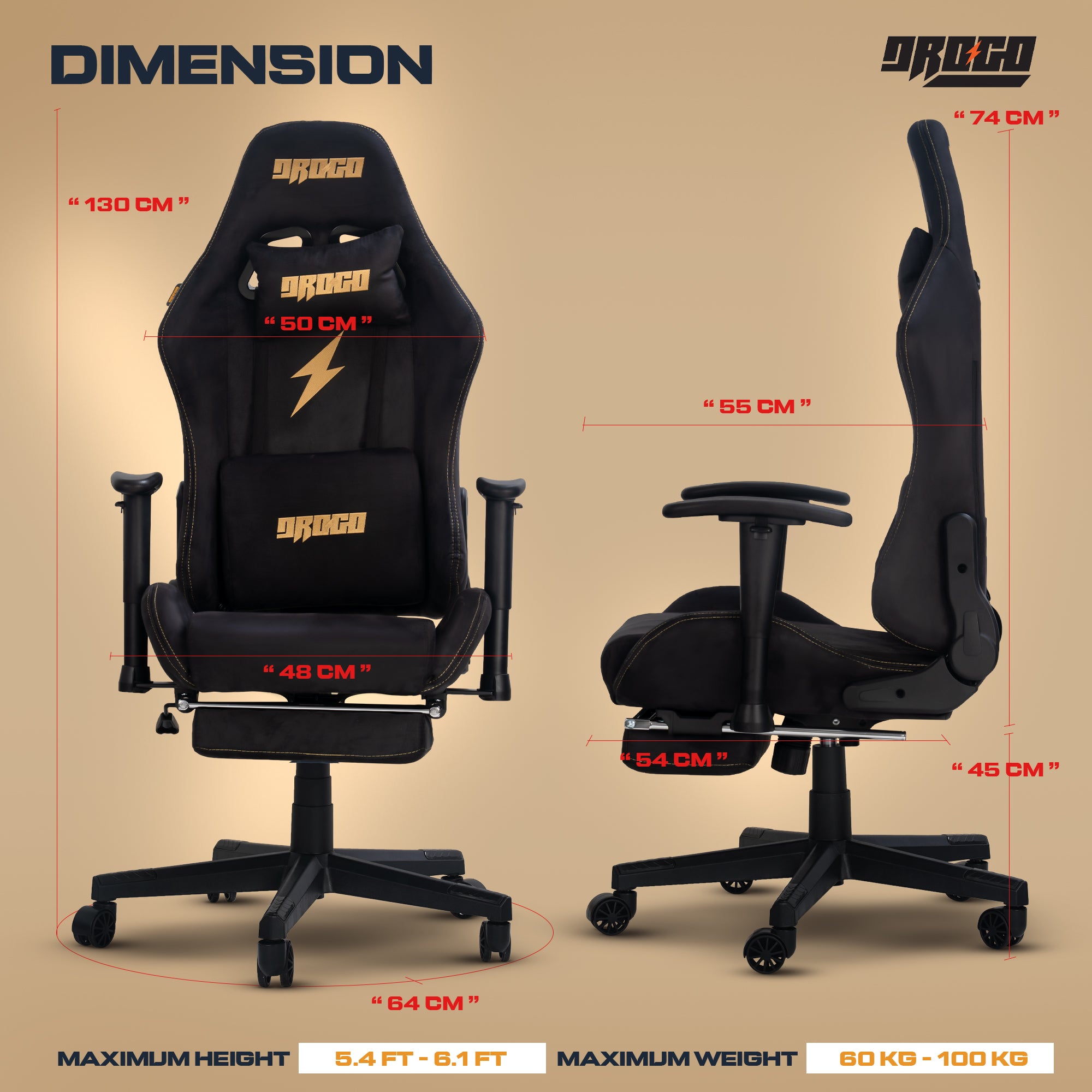 Drogo ProForm Suede Ergonomic Gaming Chair Adjustable Seat & Massager Lumbar Pillow