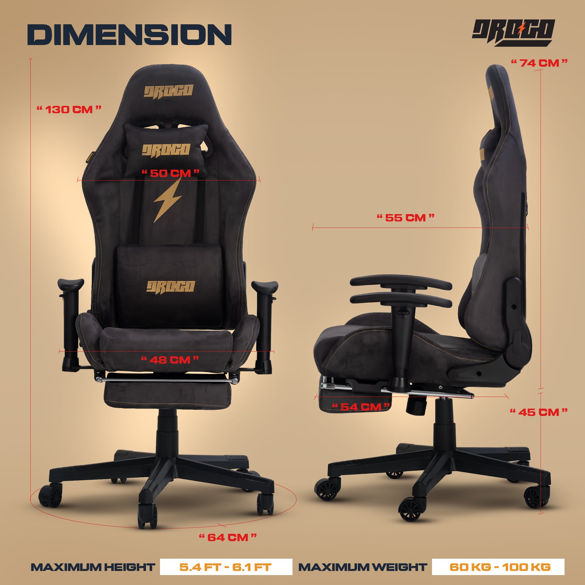 Drogo ProForm Suede Ergonomic Gaming Chair Adjustable Seat & Massager Lumbar Pillow