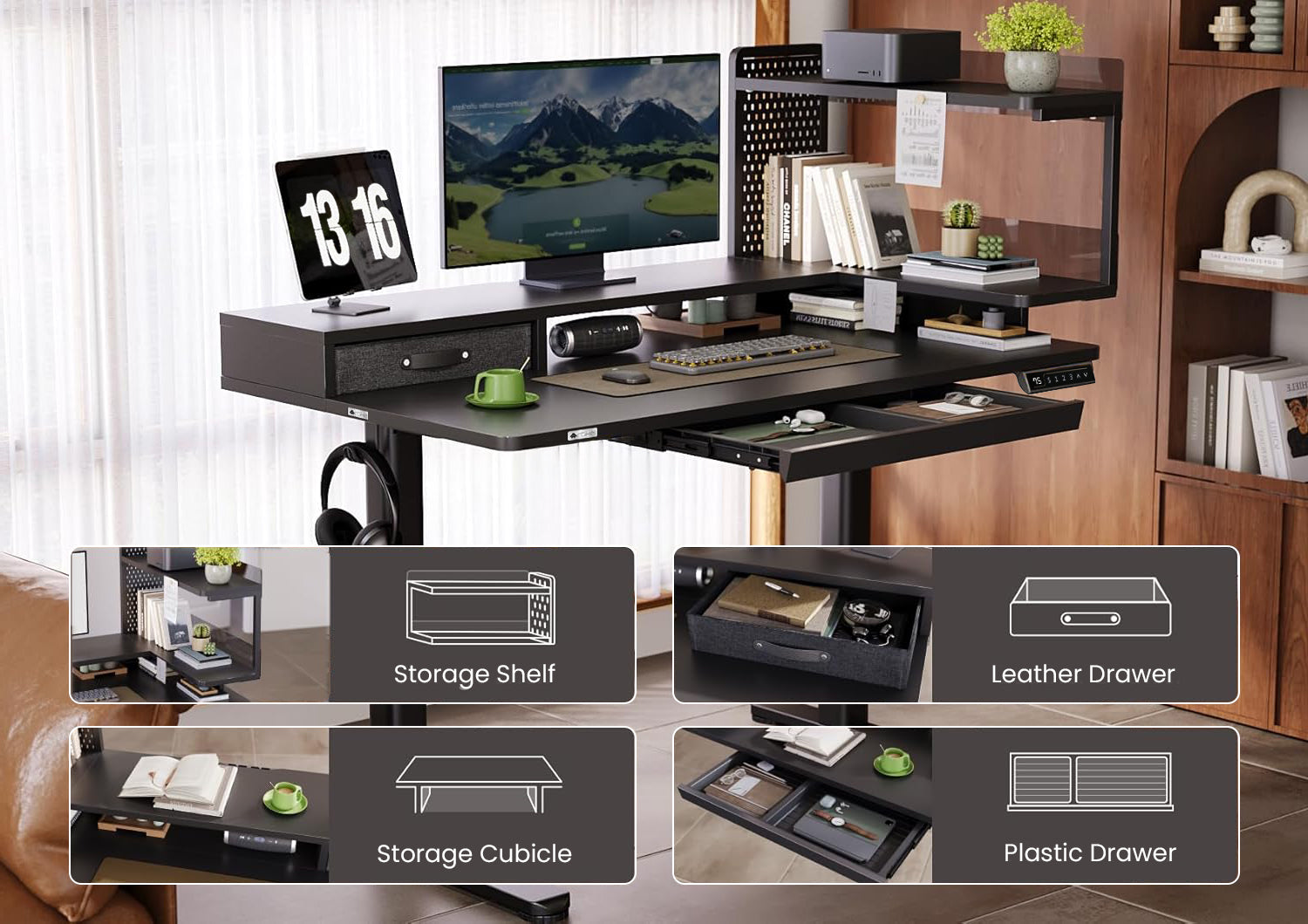 Drogo Artikel Stackon Electric Height Adjustable standing Desk with Shelves, Keyboard Tray (Right Cabinet)
