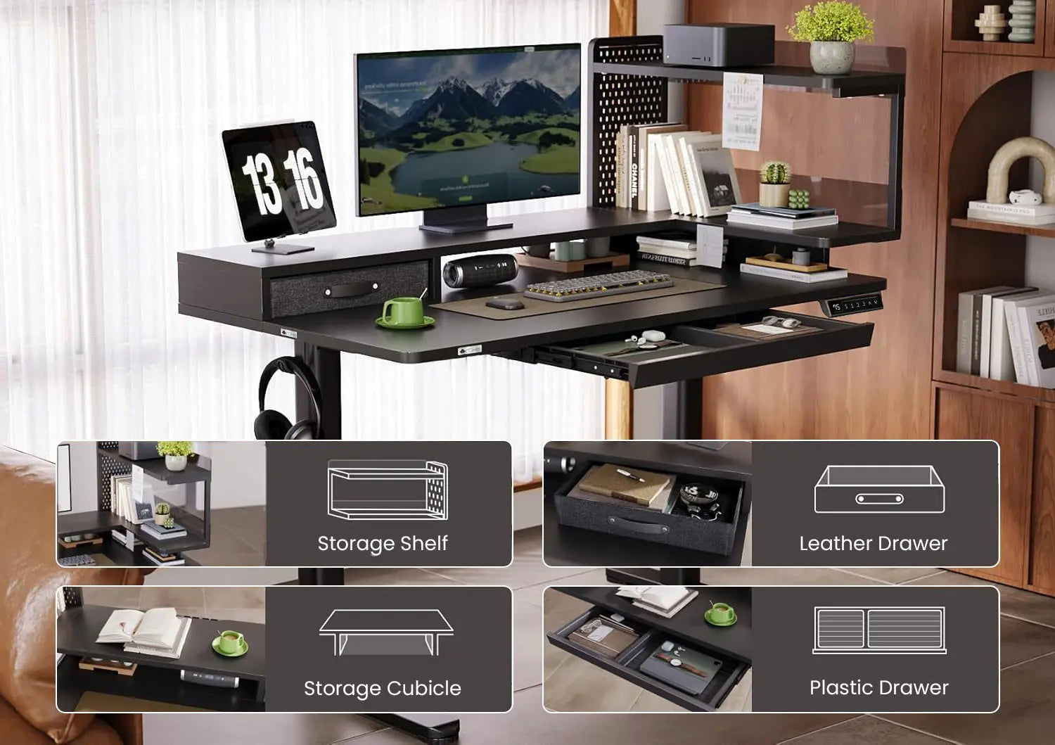 Drogo Artikel Stackon Electric Height Adjustable standing Desk with Shelves, Keyboard Tray (Right Cabinet) Drogo India
