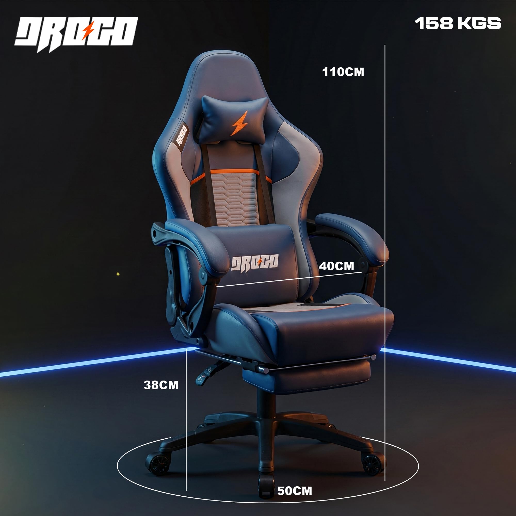 Drogo Racer Ergonomic Gaming Chair with 7 Way Adjustable Seat & Full Reclining Back Footrest