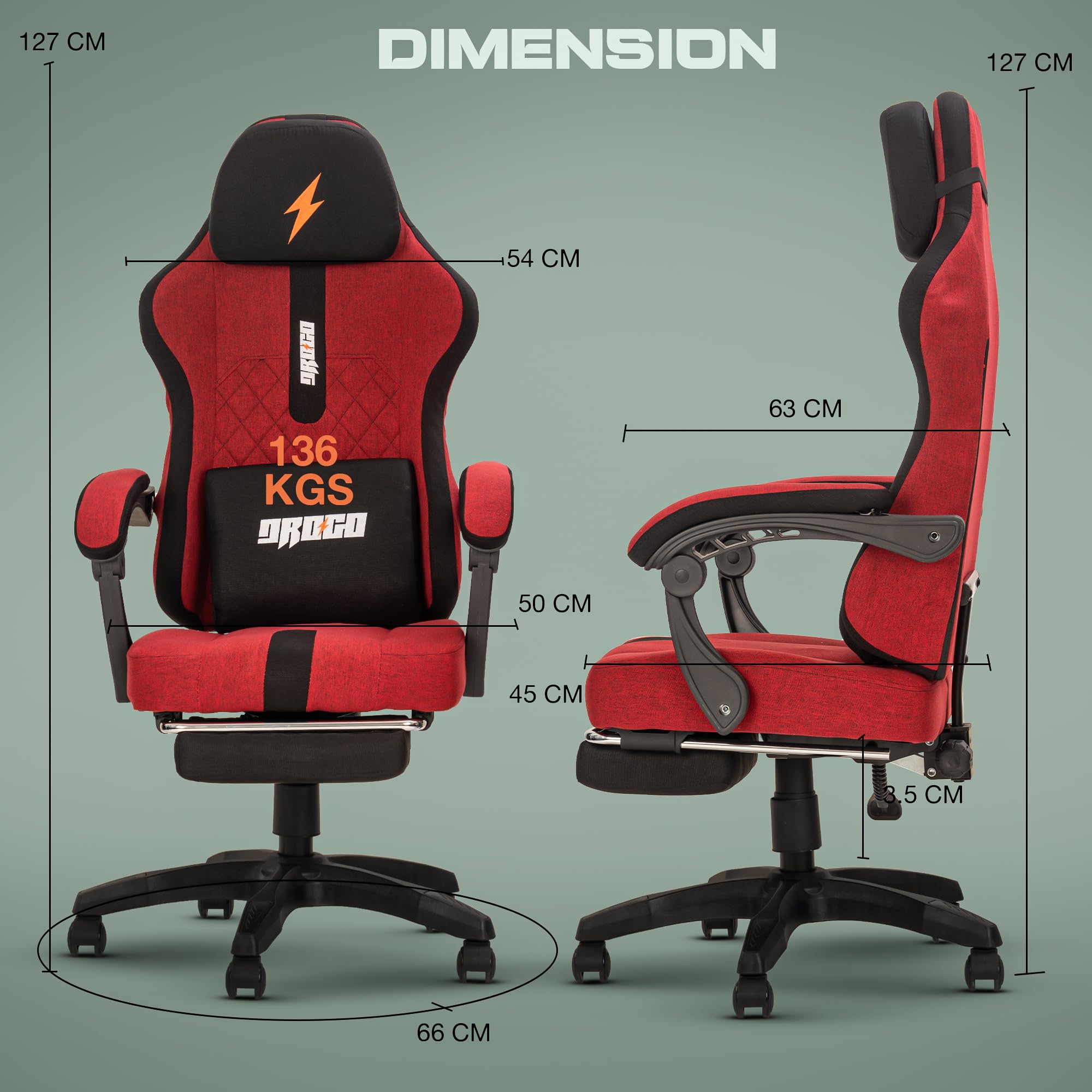 Drogo ComfortMax Ergonomic Gaming Chair with Breathable Fabric, Adjustable Neck