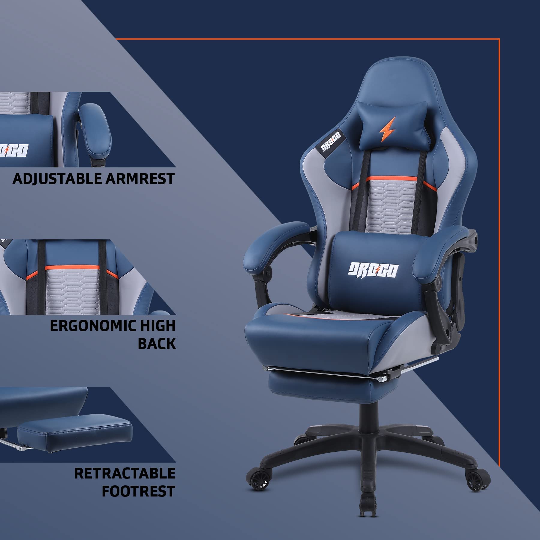 Drogo Racer Ergonomic Gaming Chair with 7 Way Adjustable Seat & Full Reclining Back Footrest