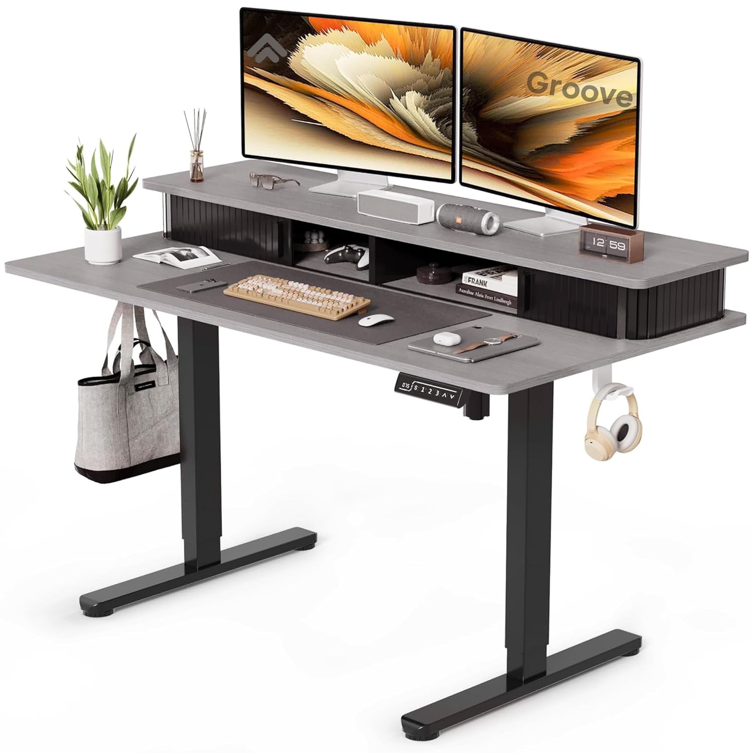 Drogo Groove Electric Height Adjustable Standing Desk with Roller Shutter Door Storage