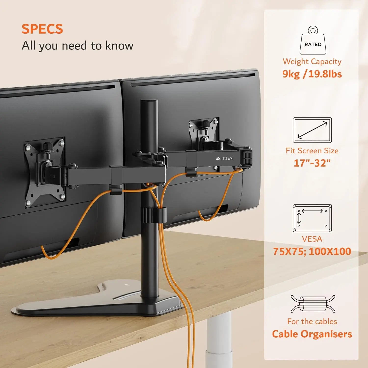 Drogo Artikel Double Monitor Desk Stand - Height Adjustable Heavy Duty Arms with Phone Slot & VESA Drogo India