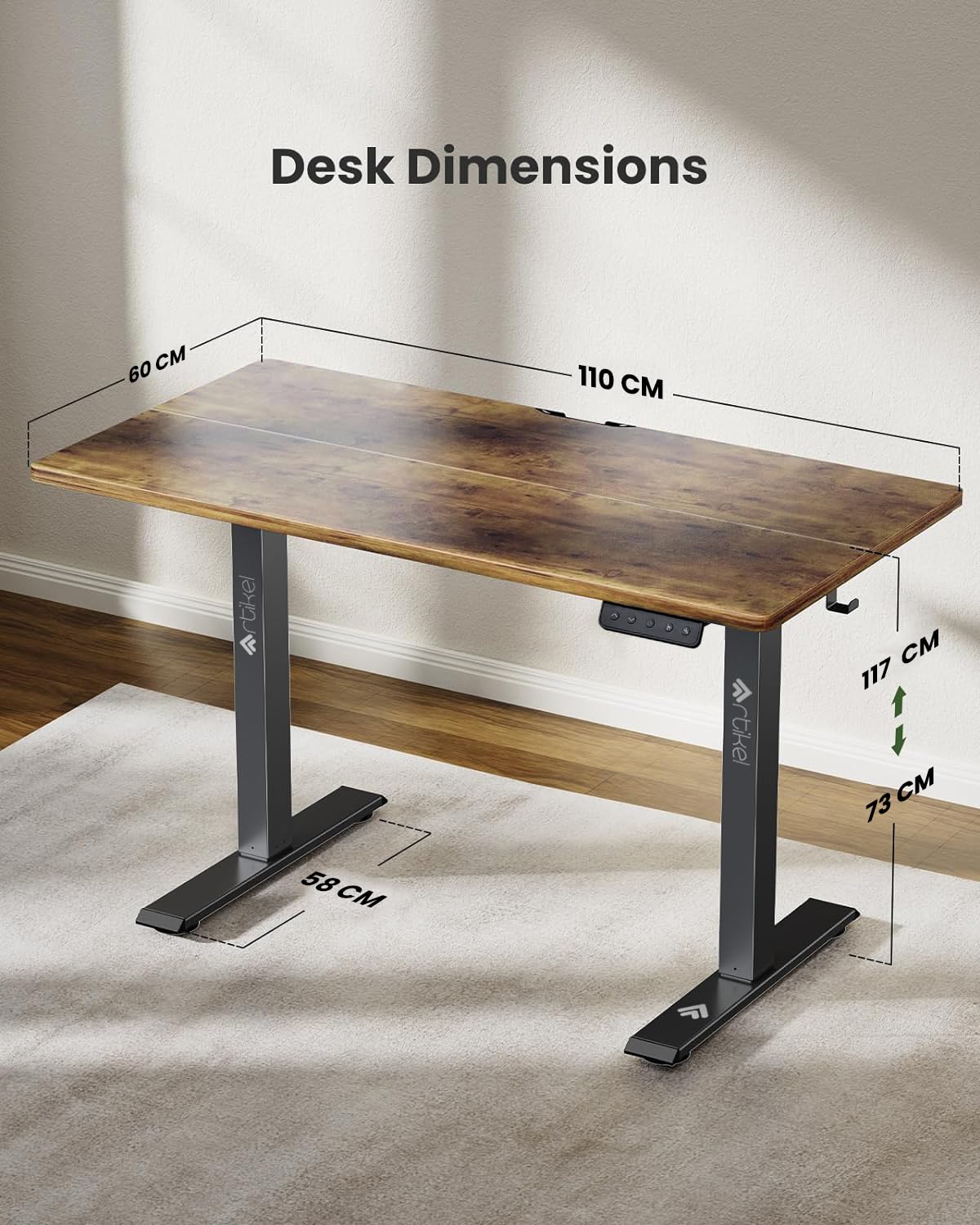 Drogo Artidesk Series Electric Height Adjustable Table Diy, Sit Stand Gaming Desk, with 3 Yr Warranty 110X60Cm - Vintage Brown