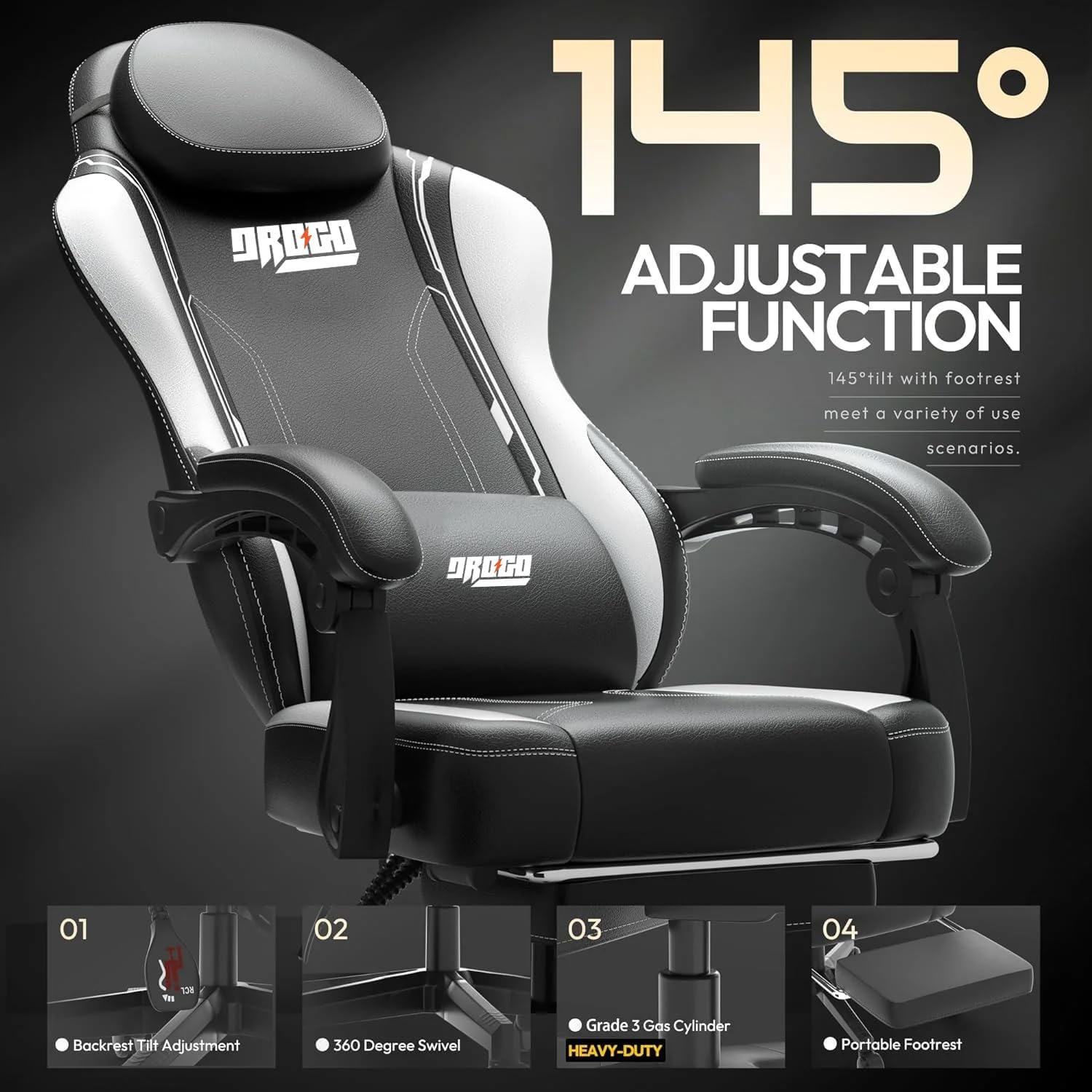 Drogo Phantom Ergonomic Gaming Chair with Premium PU Leather, Adjustable Neck