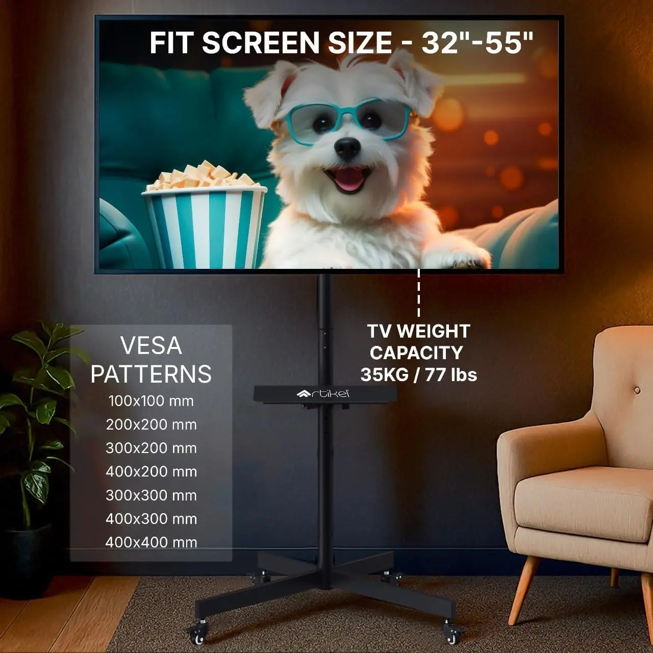 Drogo TV Stand with Adjustable Height Mount 32" to 55" TV Stand Movable with Lockable Wheels Drogo India