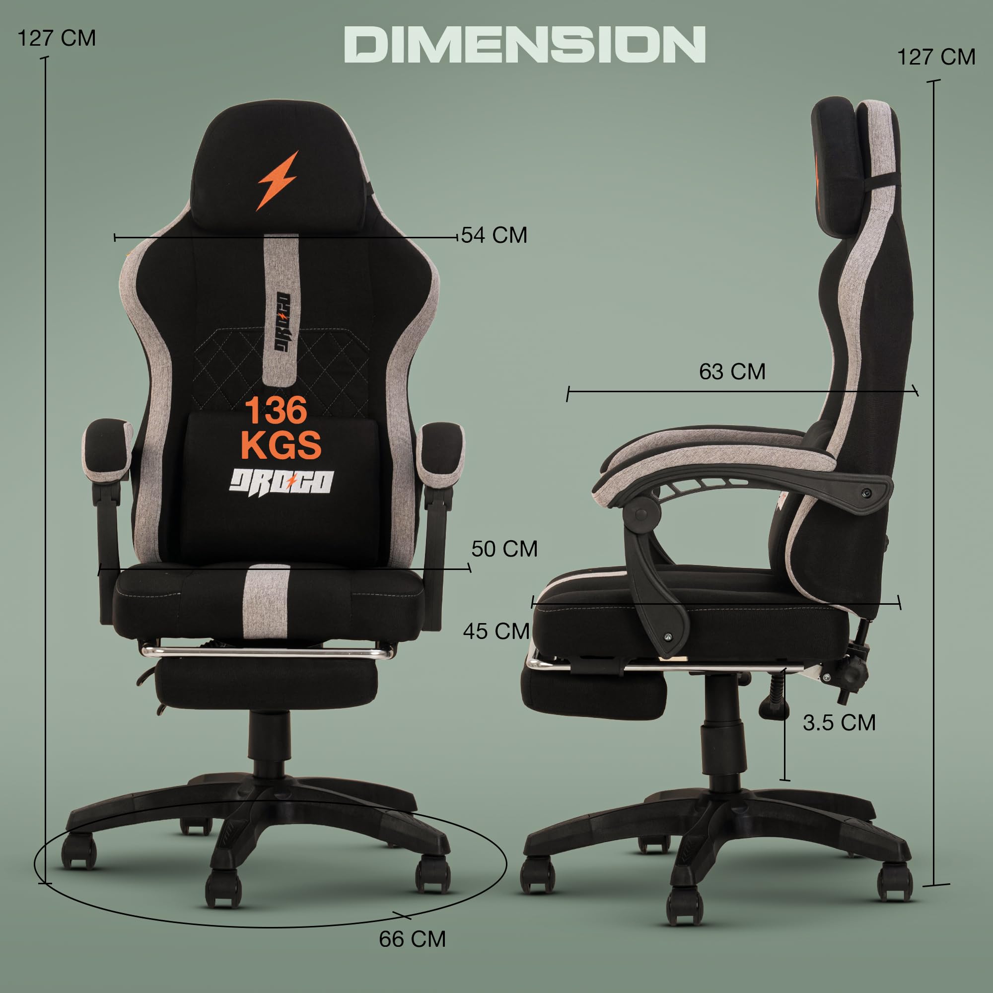 Drogo ComfortMax Ergonomic Gaming Chair with Breathable Fabric, Adjustable Neck