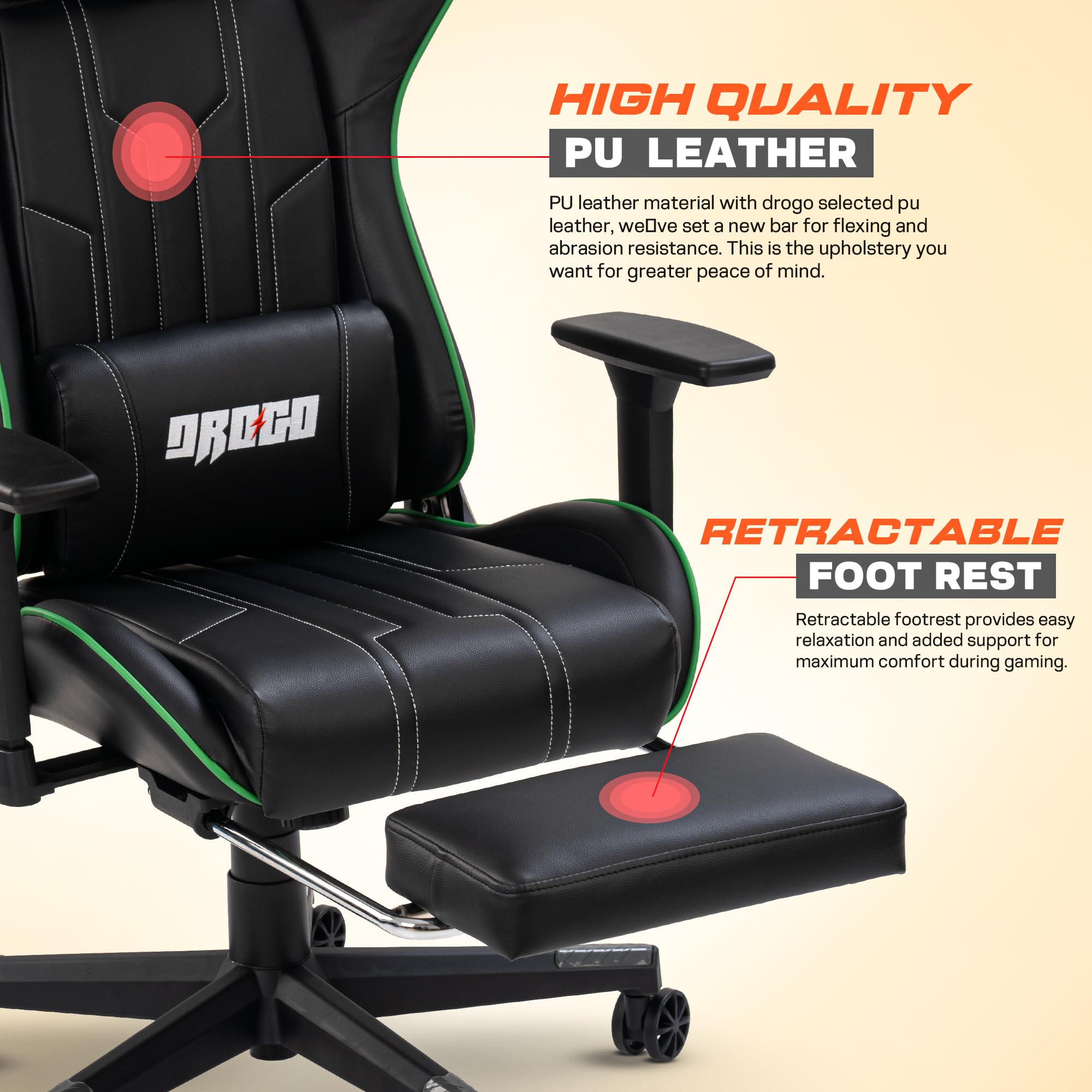 Drogo Wrath Pro Ergonomic Gaming Chair with Adjustable Seat, PU Leather