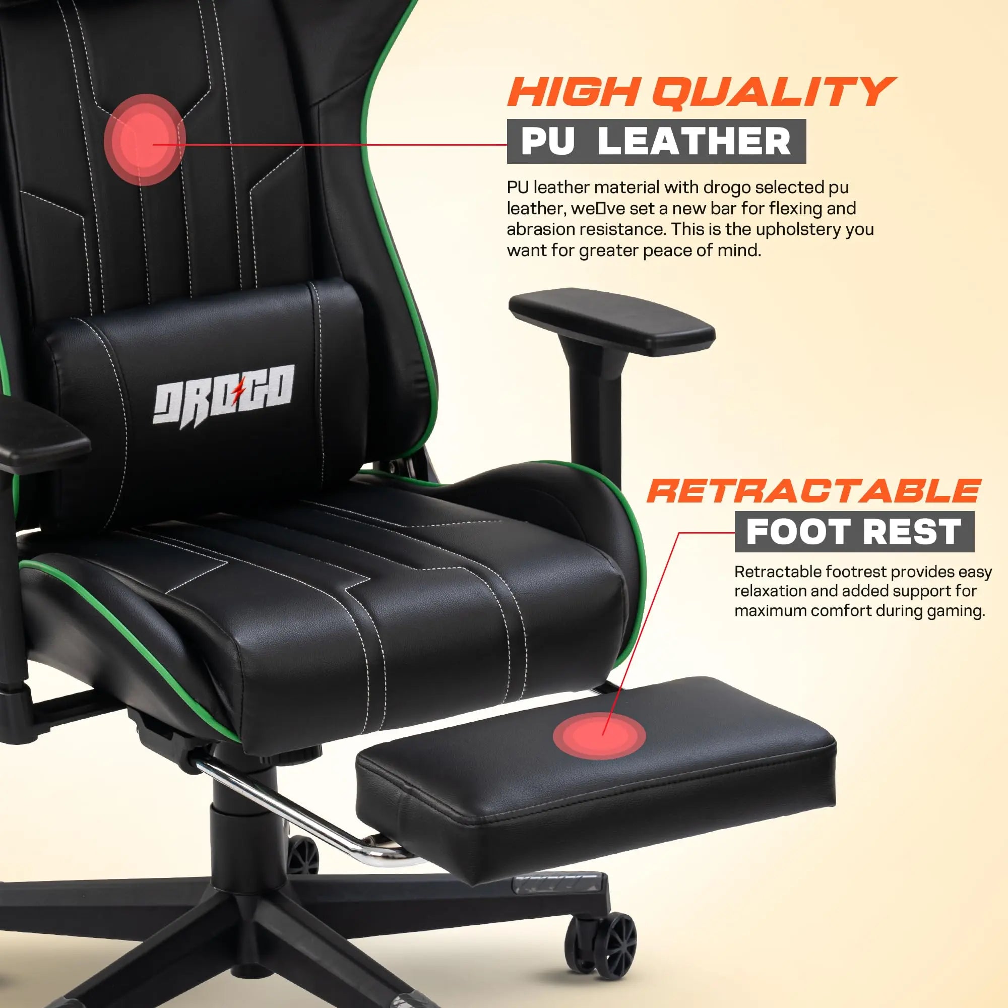 Drogo Wrath Pro Ergonomic Gaming Chair with Adjustable Seat, PU Leather Drogo India