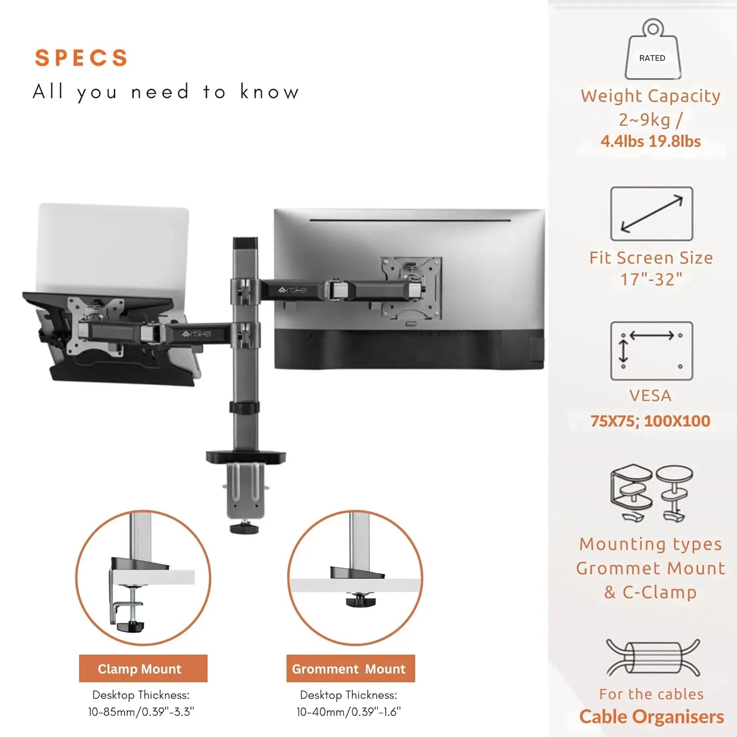 DROGO ARTIKEL Laptop & Monitor Mount | VESA, C-Clamp & Grommet | Fits 32 inch Screens Drogo Ergonomics
