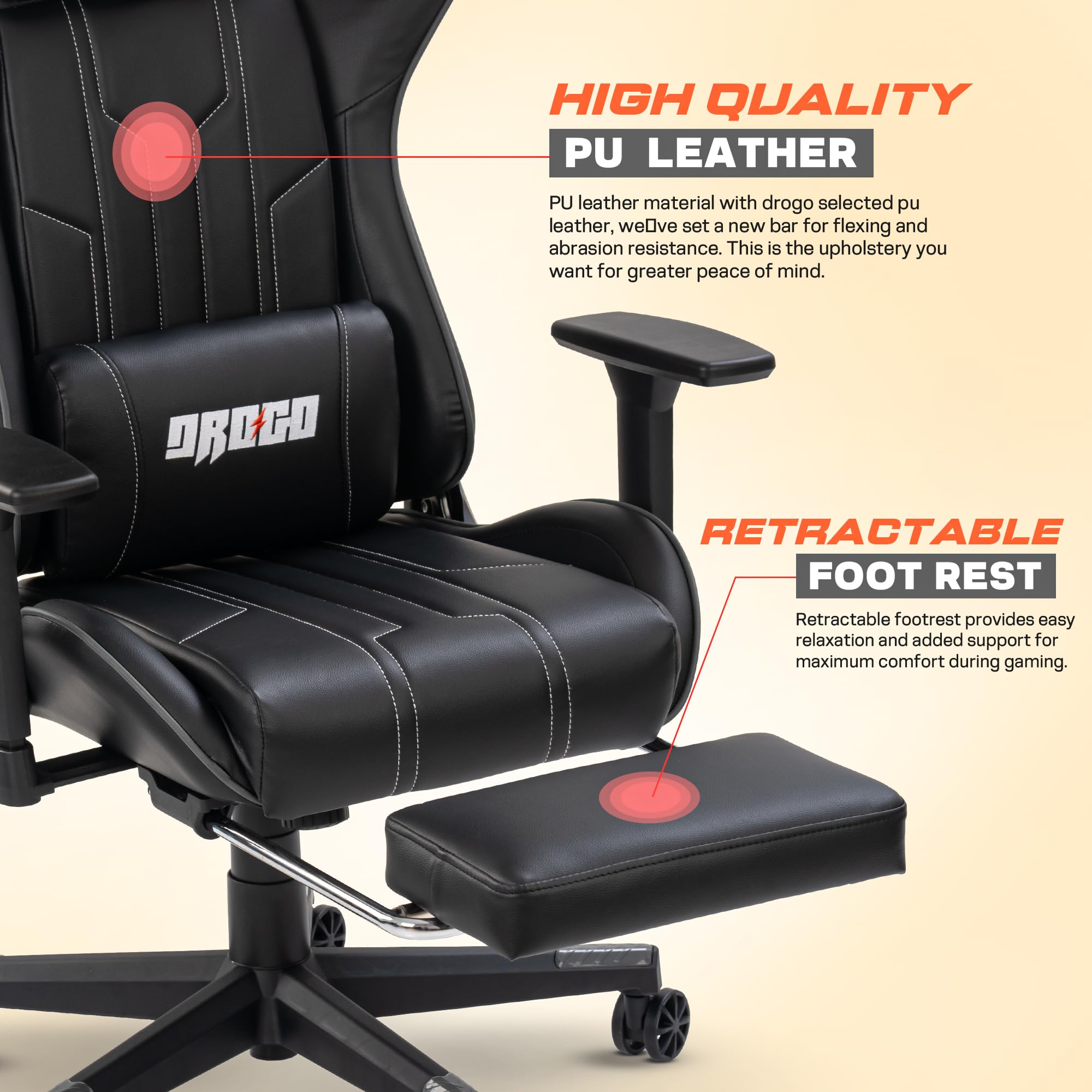Drogo Wrath Pro Ergonomic Gaming Chair with Adjustable Seat, PU Leather