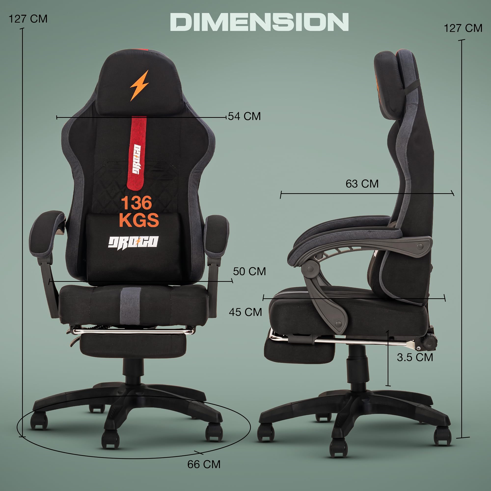 Drogo ComfortMax Ergonomic Gaming Chair with Breathable Fabric, Adjustable Neck