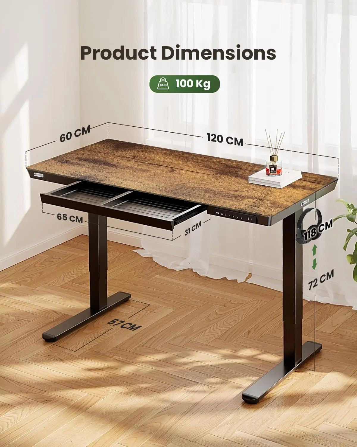 Drogo Artikel Advanced Pro Electric Height Adjustable Table DIY with 3 Year Warranty | Sit Stand Computer Desk 120 X 60 Cm - Vintage Brown Drogo India