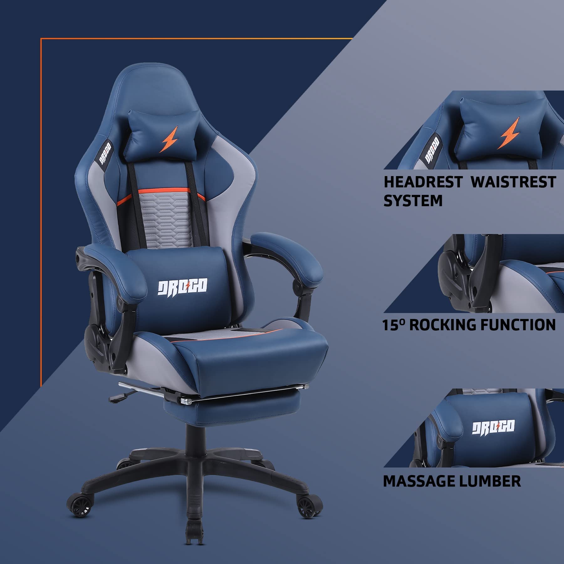 Drogo Racer Ergonomic Gaming Chair with 7 Way Adjustable Seat & Full Reclining Back Footrest