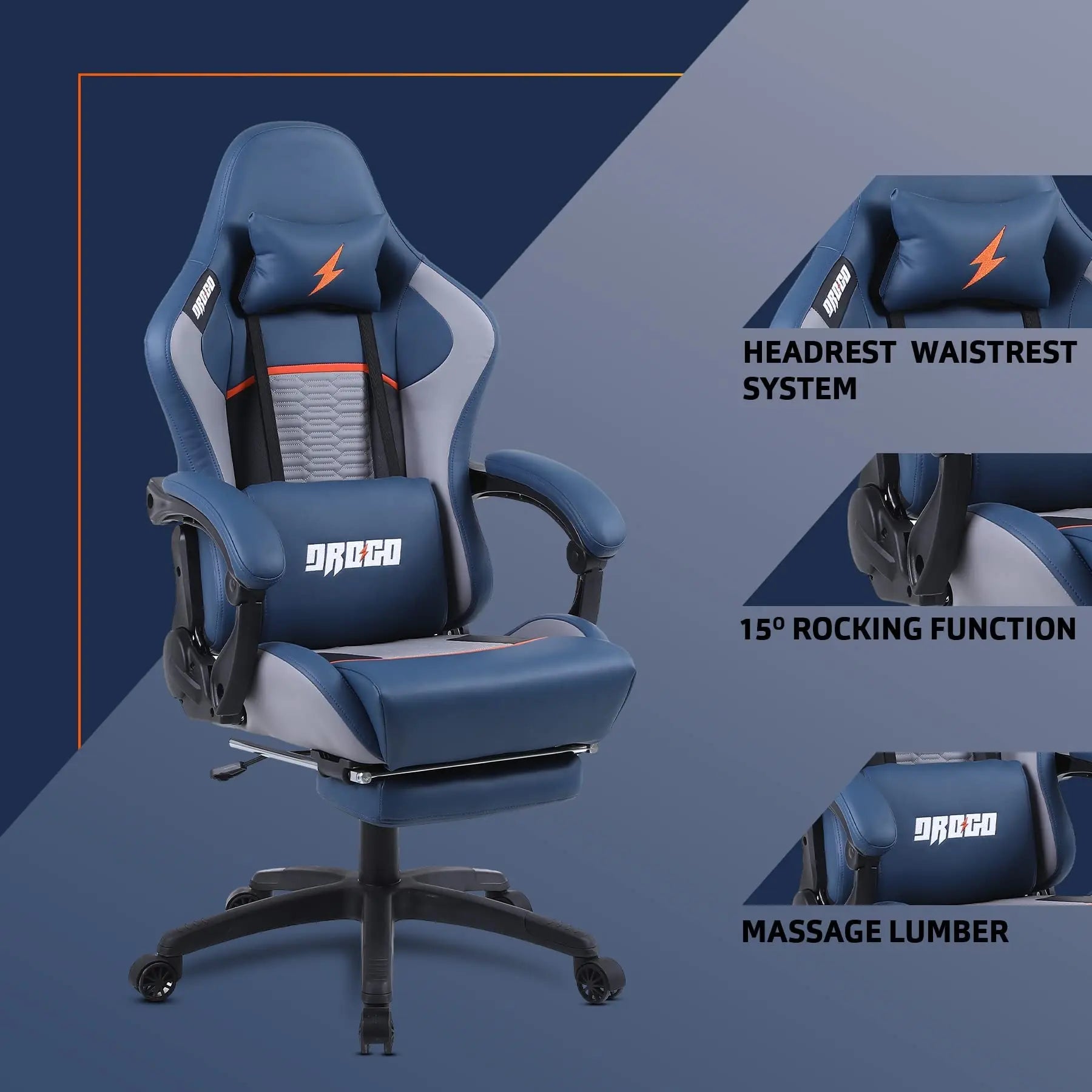 Drogo Racer Ergonomic Gaming Chair with 7 Way Adjustable Seat & Full Reclining Back Footrest Galaxy Incorporation