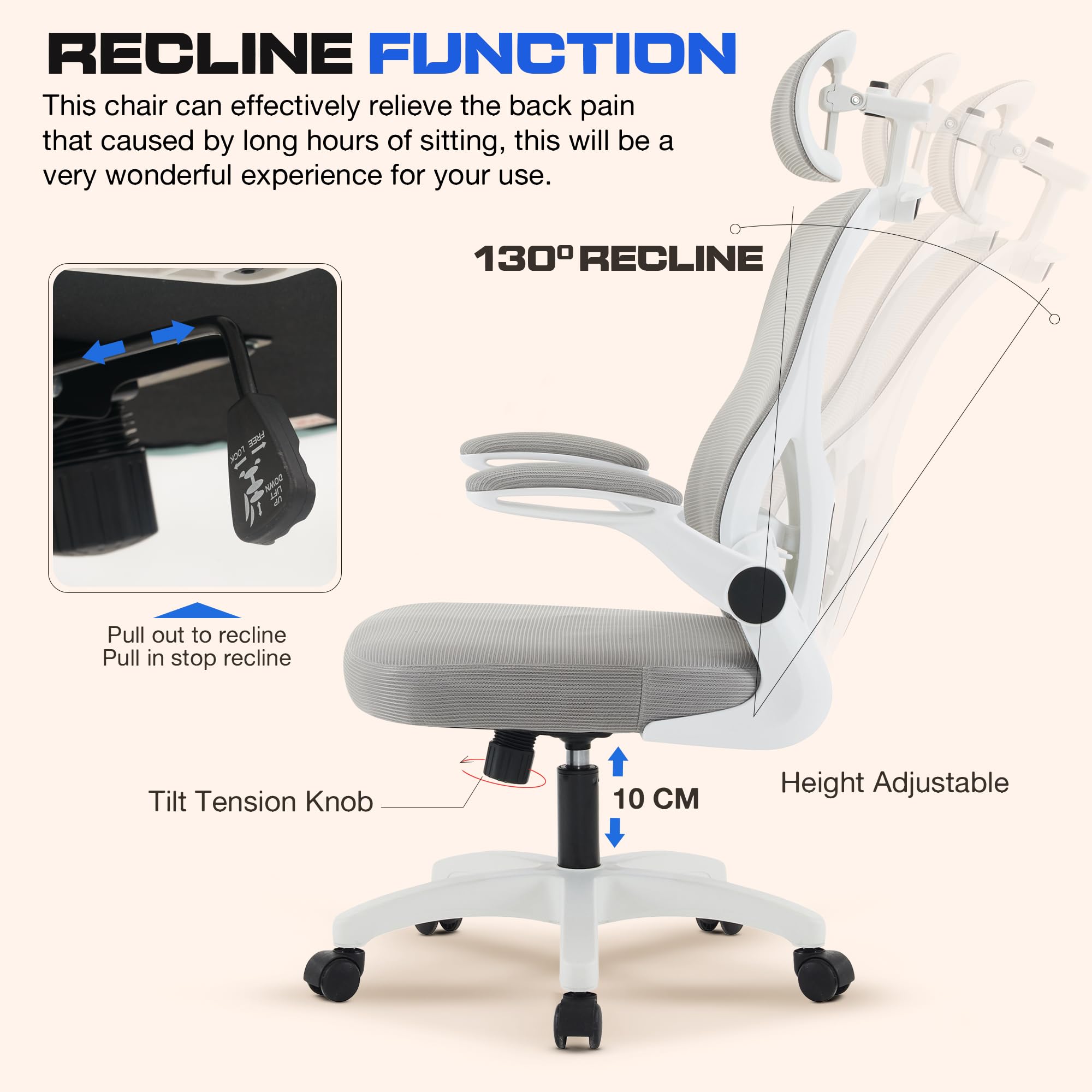 Drogo Ergonomic Office Chair for Work from Home with Breathable Mesh, Flip-up Armrest