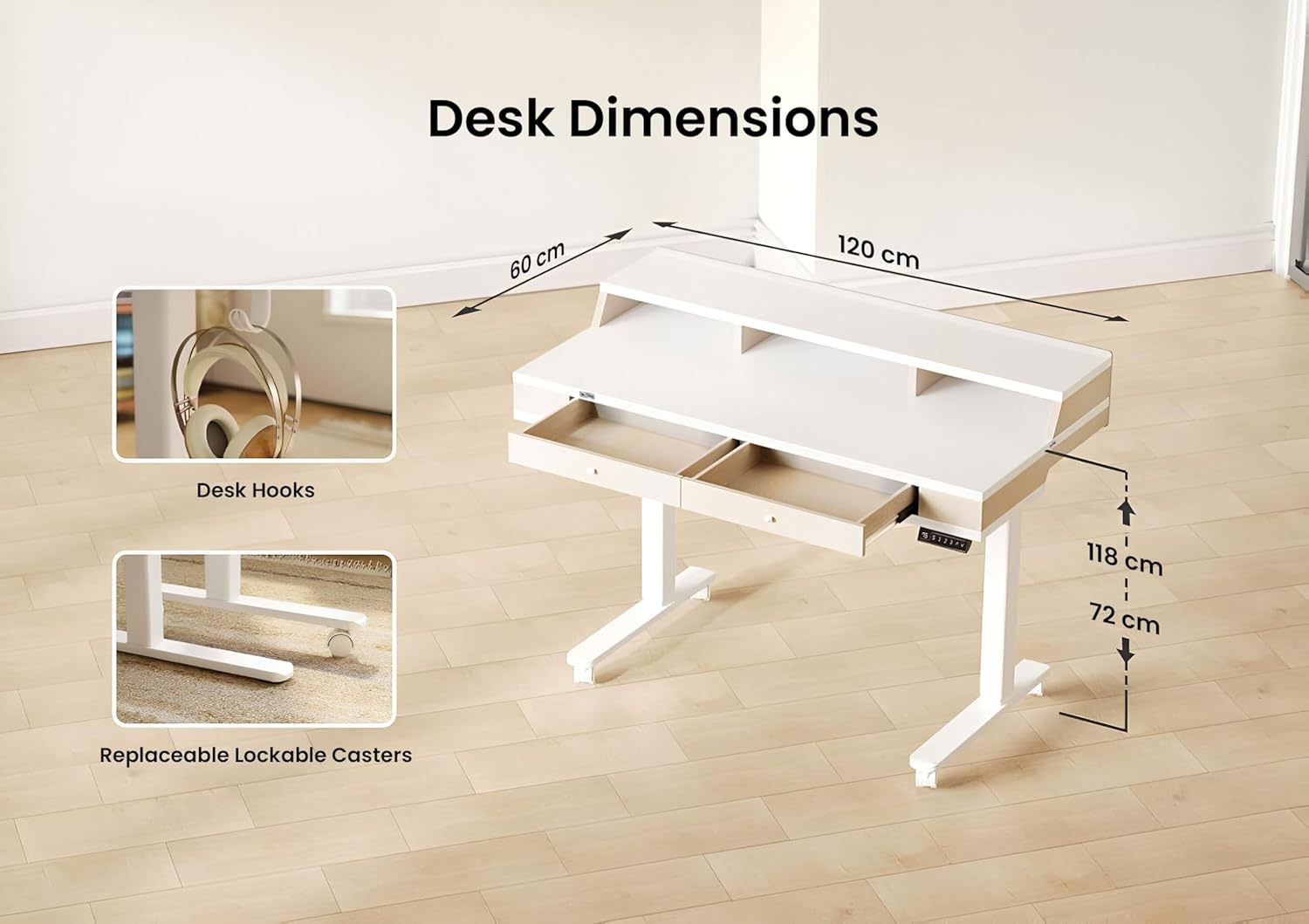 Drogo Artikel Valor Electric Height Adjustable Standing Desk with Storage Drawers & Shelves | Ergonomic Sit-Stand Desk for Home Office | 120x60cm | White & Beige