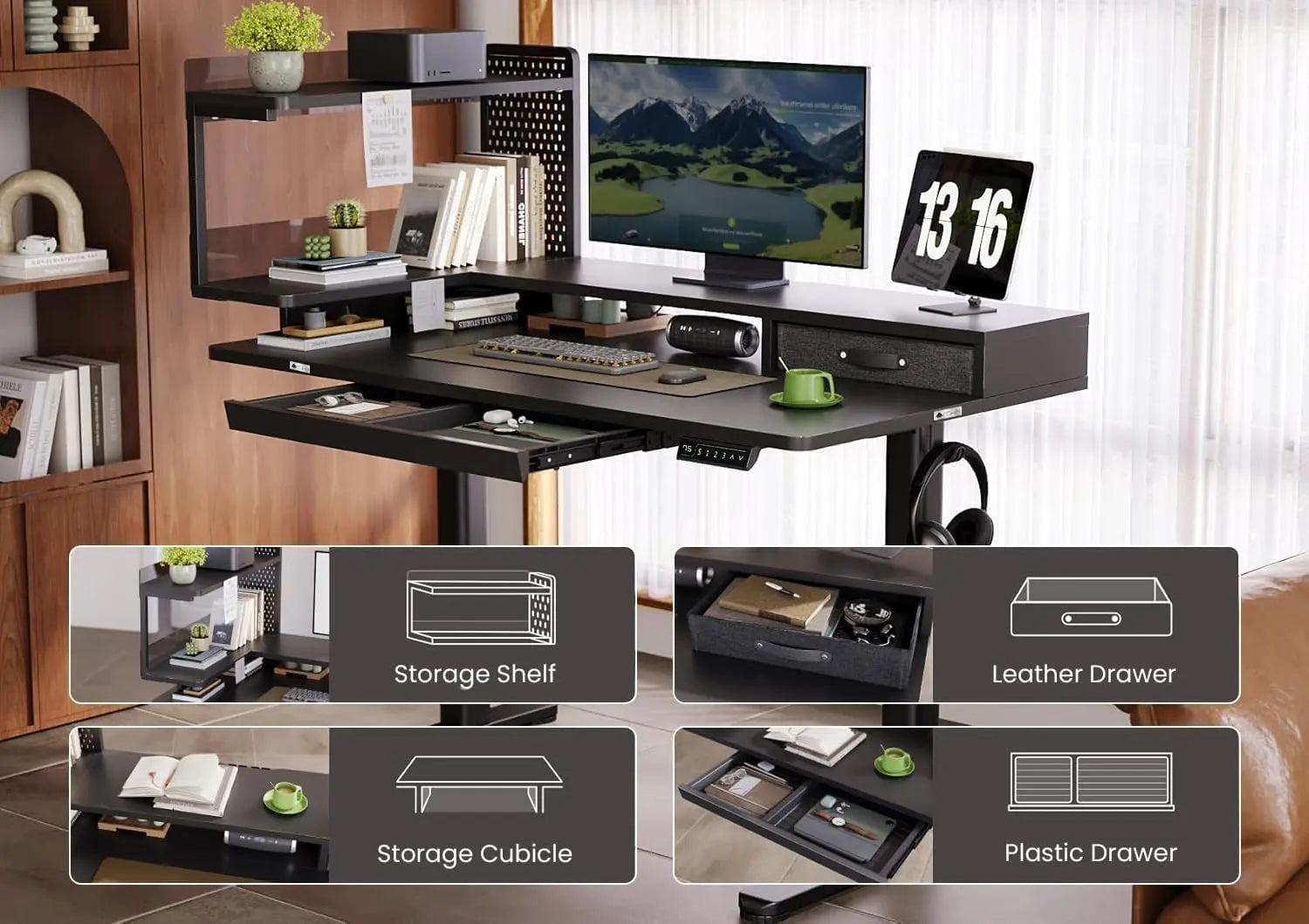 Drogo Stackon Electric Height Adjustable Standing Desk with Shelves (Left Cabinet) Drogo India