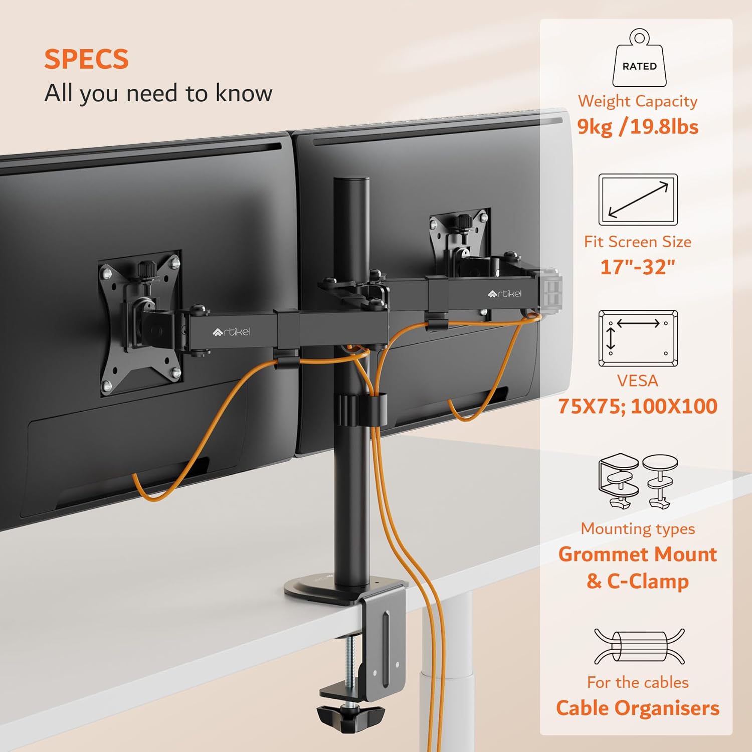 Drogo Artikel Dual Monitor Mount | Adjustable VESA Arms | C-Clamp & Grommet | Fits 32 inch Screens