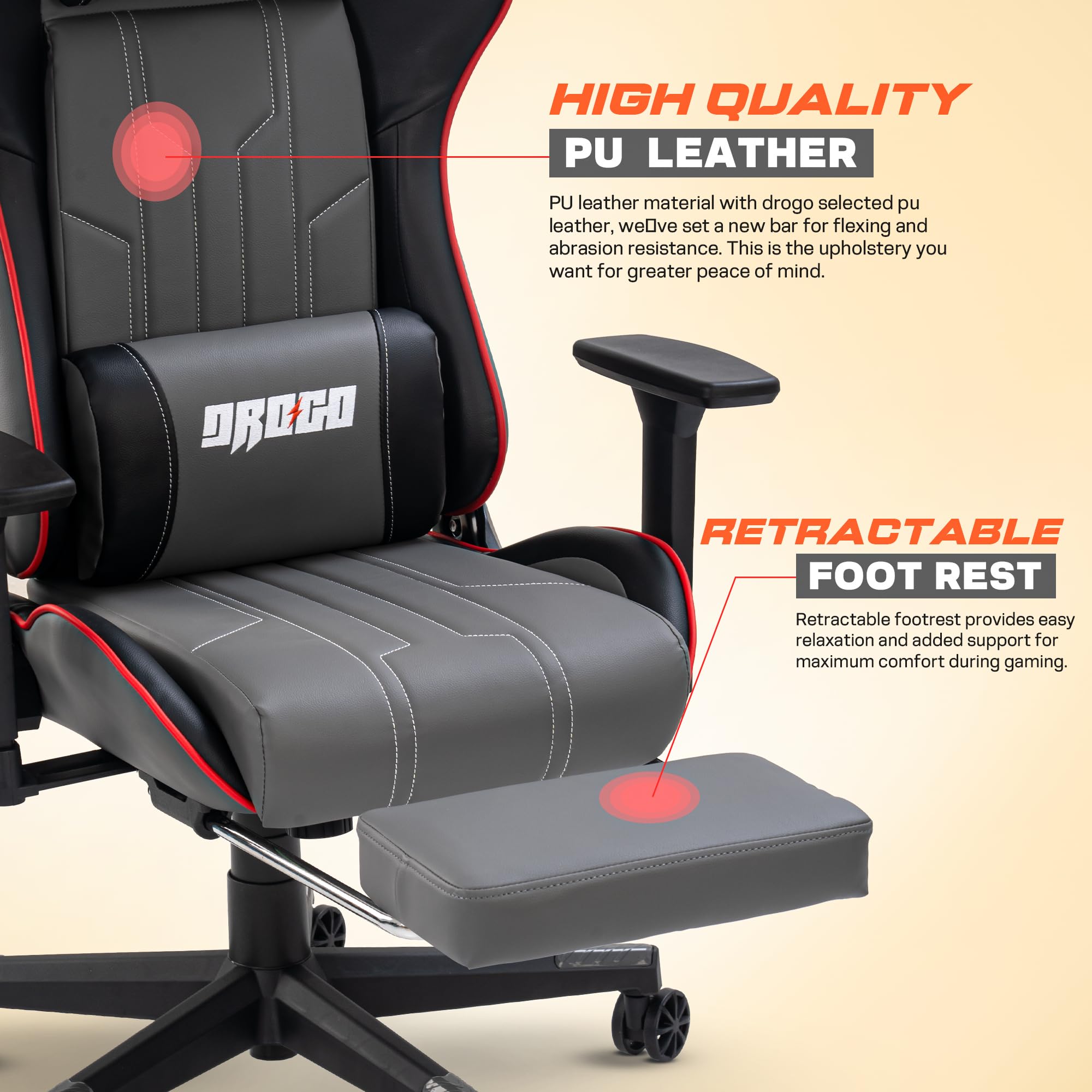 Drogo Wrath Pro Ergonomic Gaming Chair with Adjustable Seat, PU Leather