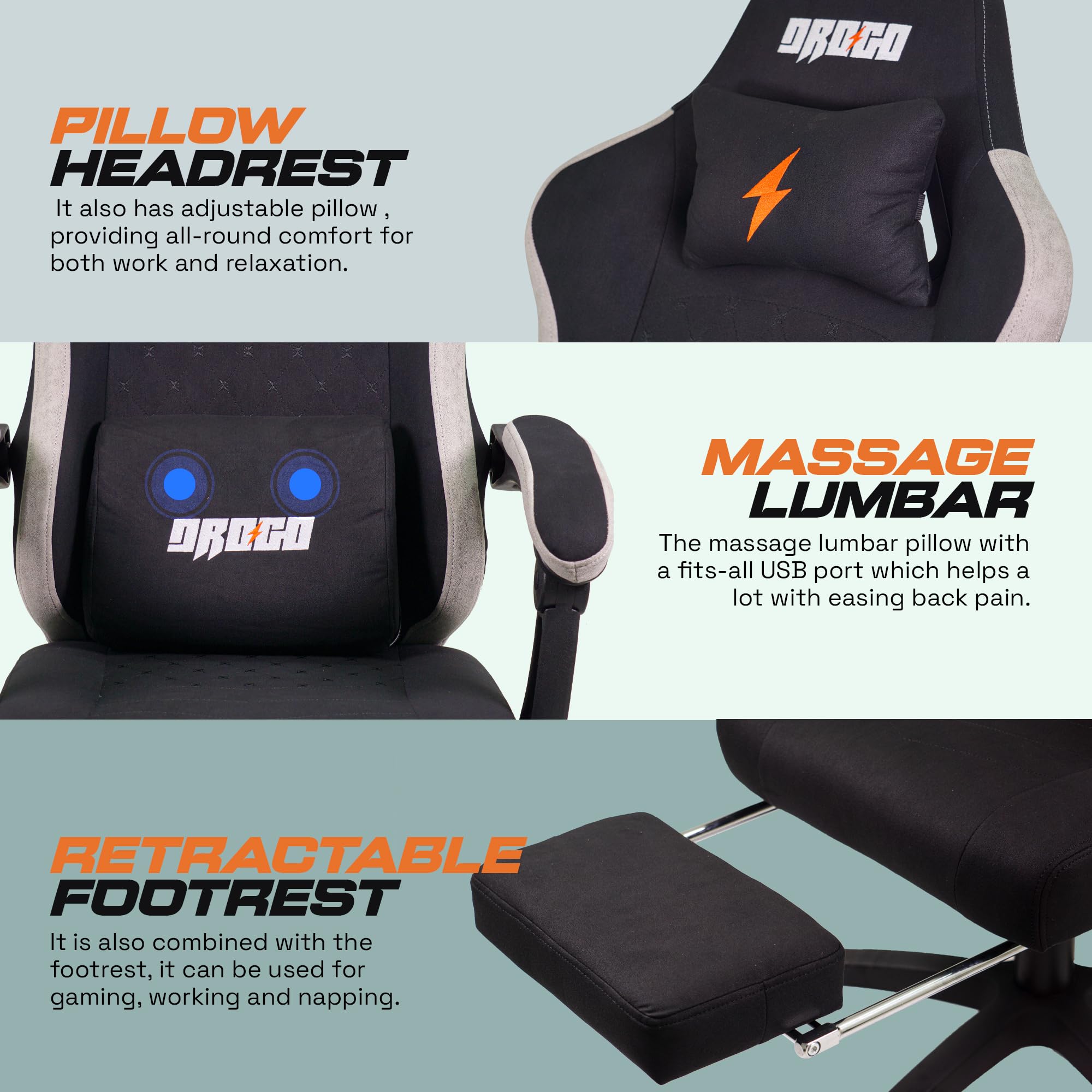 Drogo Throne Ergonomic Gaming Chair With Linkage Armrest,Foot Rest,& Adjustable Seat