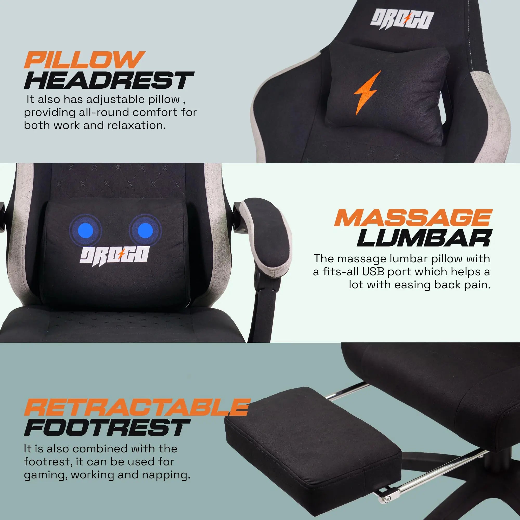 Drogo Throne Ergonomic Gaming Chair With Linkage Armrest,Foot Rest,& Adjustable Seat Galaxy Incorporation