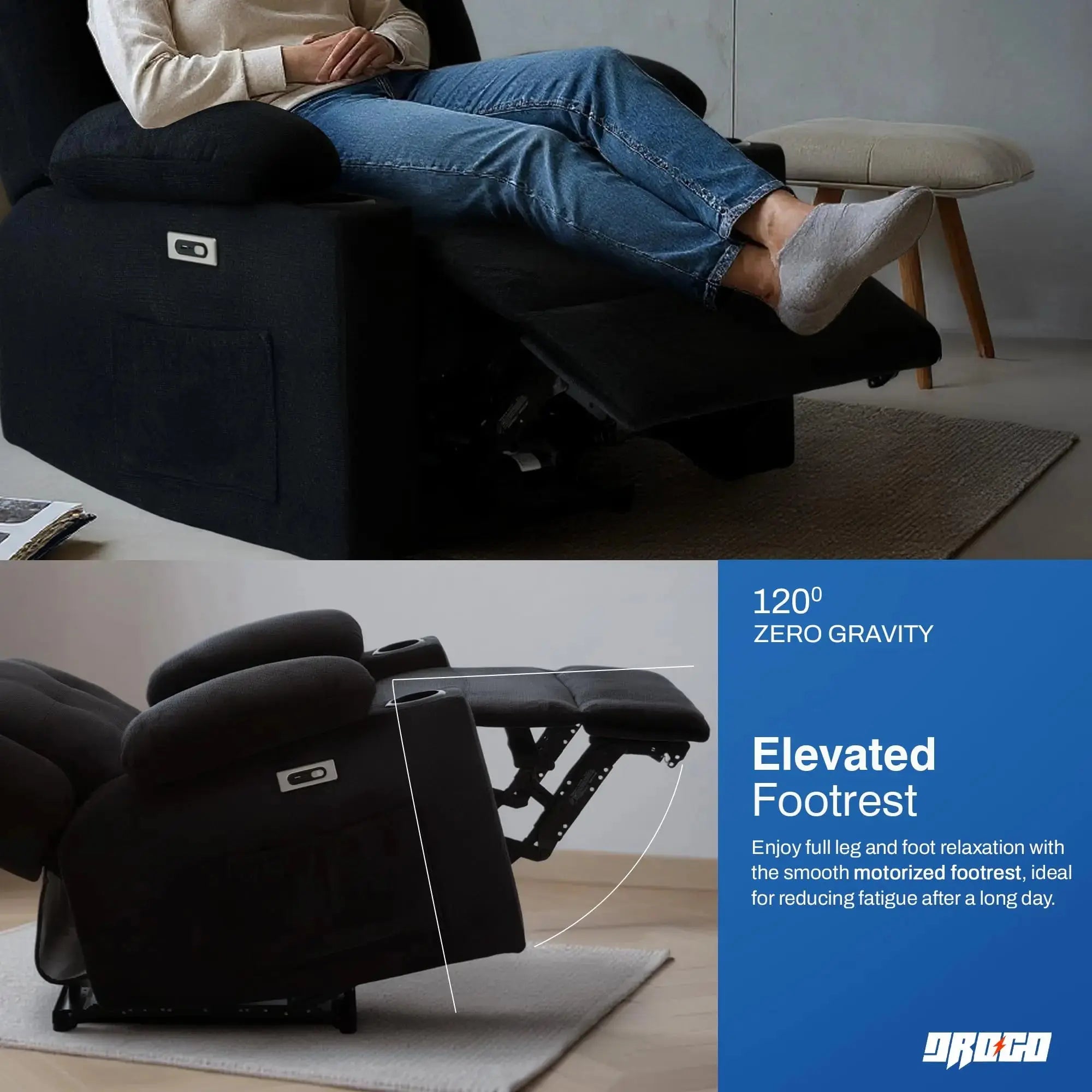 Drogo Luxora Zero Gravity Electric Motorised Single Seater Recliner Sofa with Rapid Recline Technology Drogo India