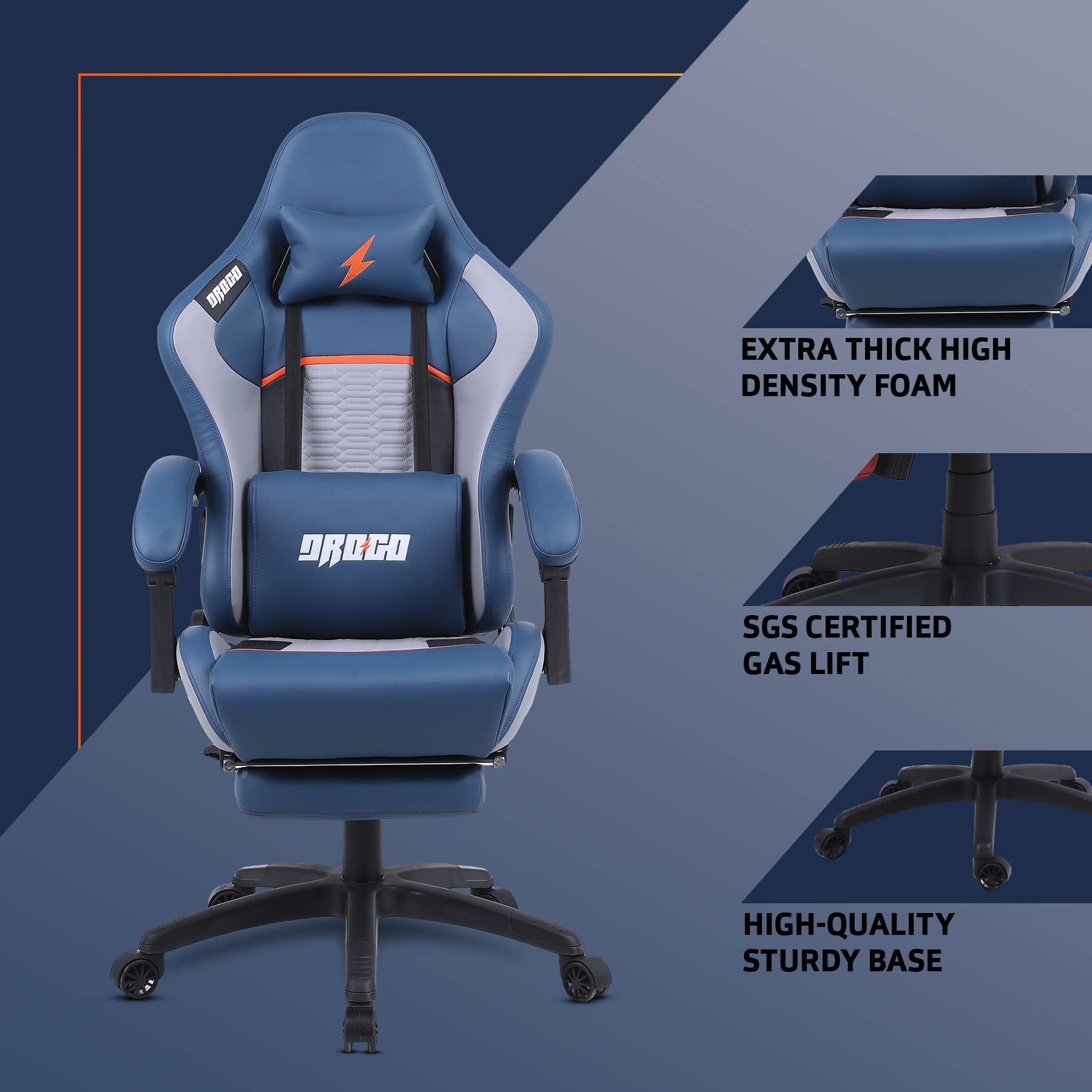 Drogo Racer Ergonomic Gaming Chair with 7 Way Adjustable Seat & Full Reclining Back Footrest