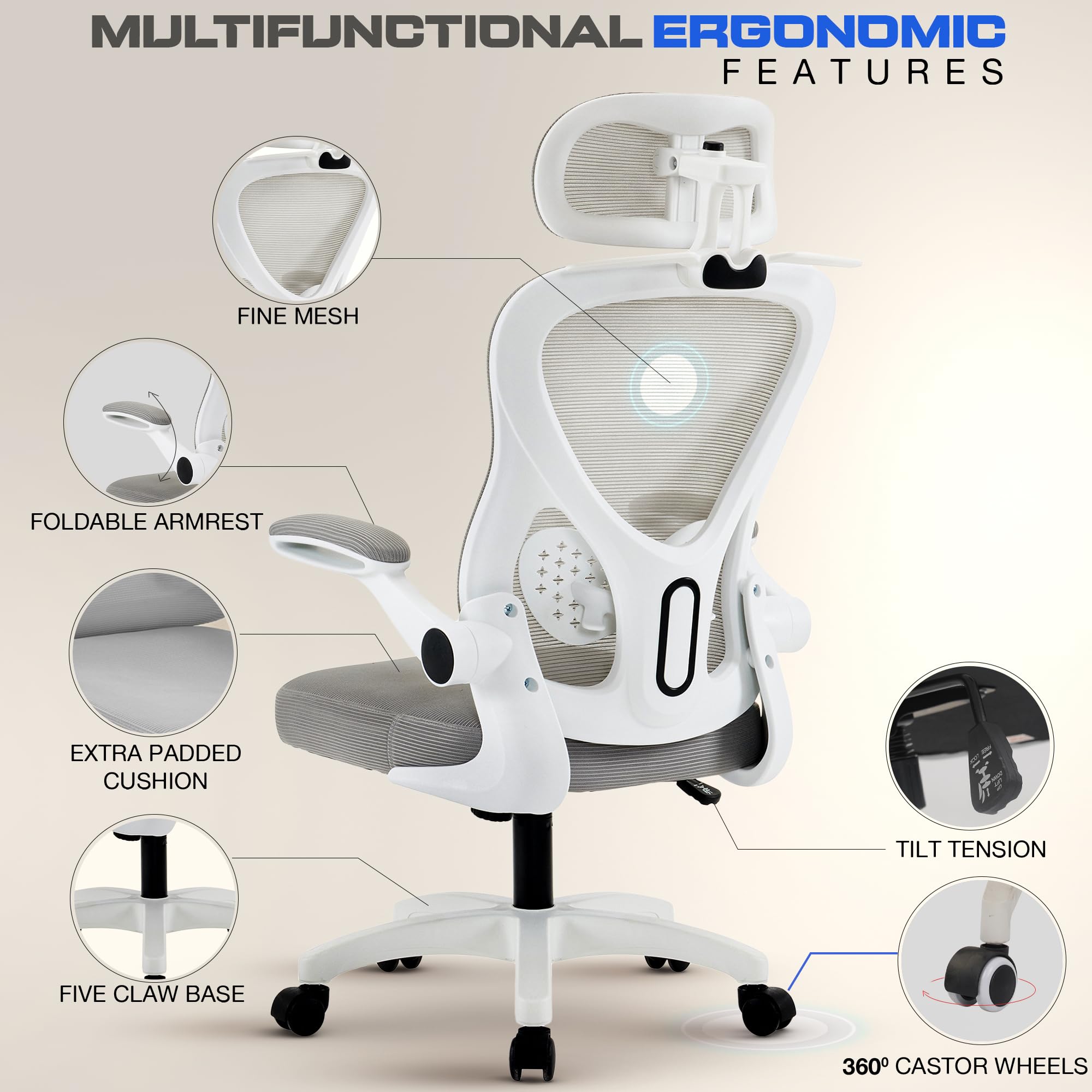 Drogo Ergonomic Office Chair for Work from Home with Breathable Mesh, Flip-up Armrest
