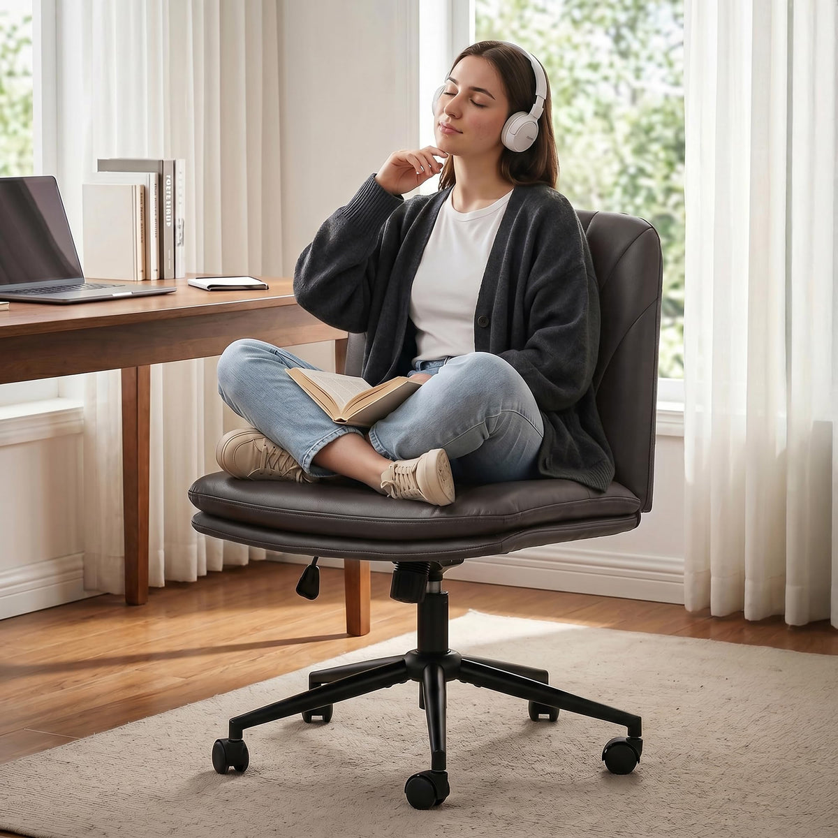 Zen Cross Legged Chair for Work from Home, Cross Legged Wide Computer Chair (Brown)