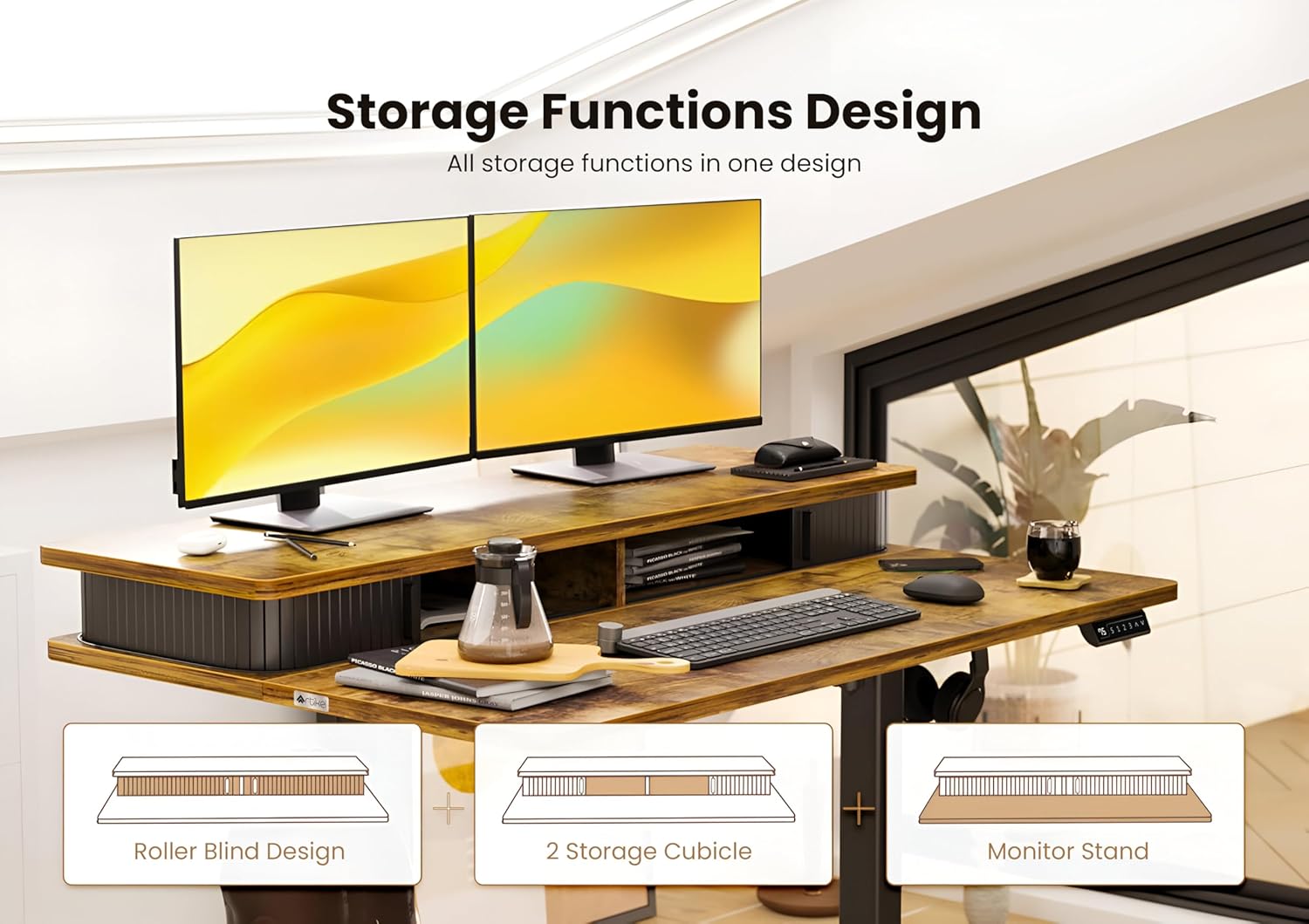 Drogo Artikel Groove Electric Height Adjustable Standing Desk with Roller Shutter Door Storage (Right Cabinet)