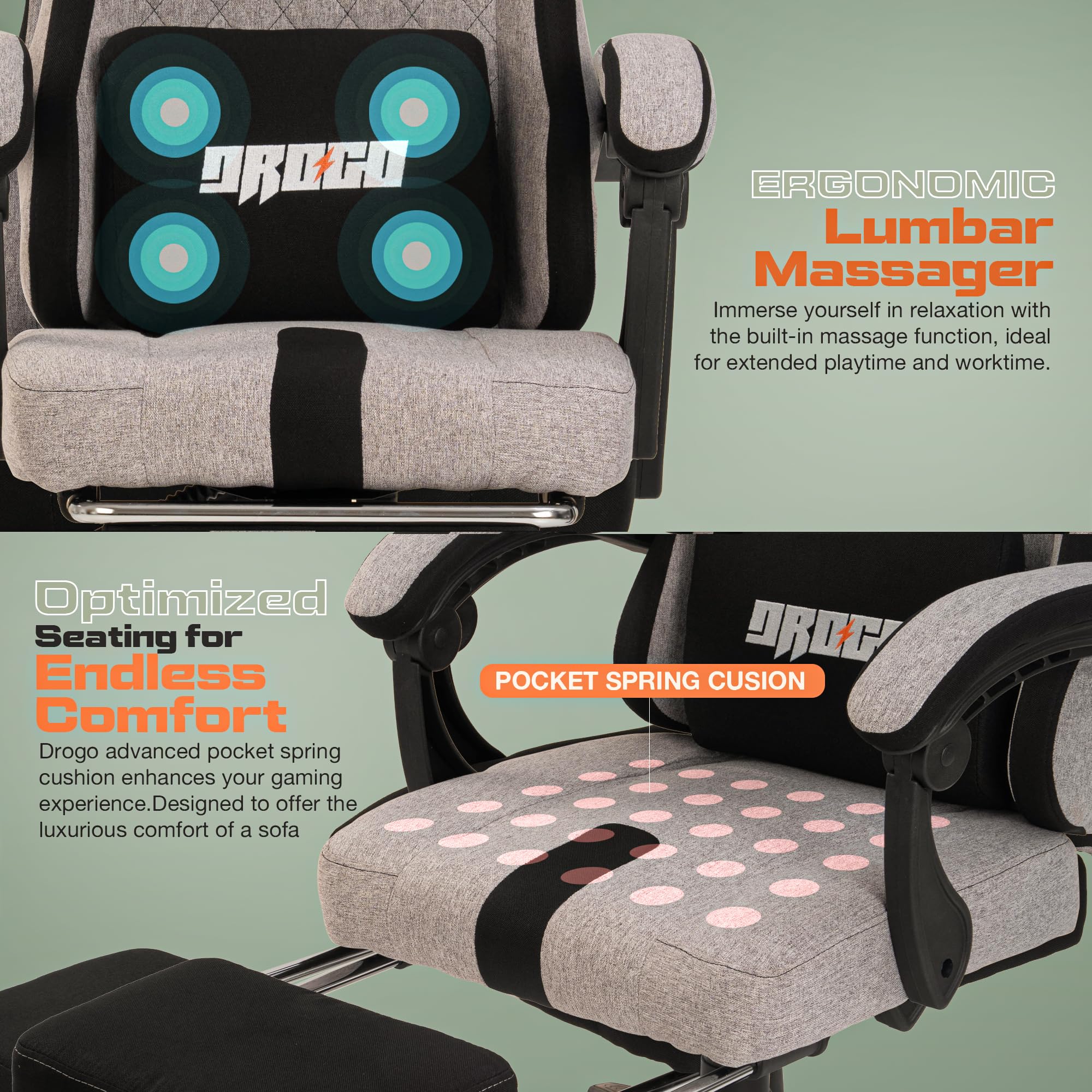 Drogo ComfortMax Ergonomic Gaming Chair with Breathable Fabric, Adjustable Neck