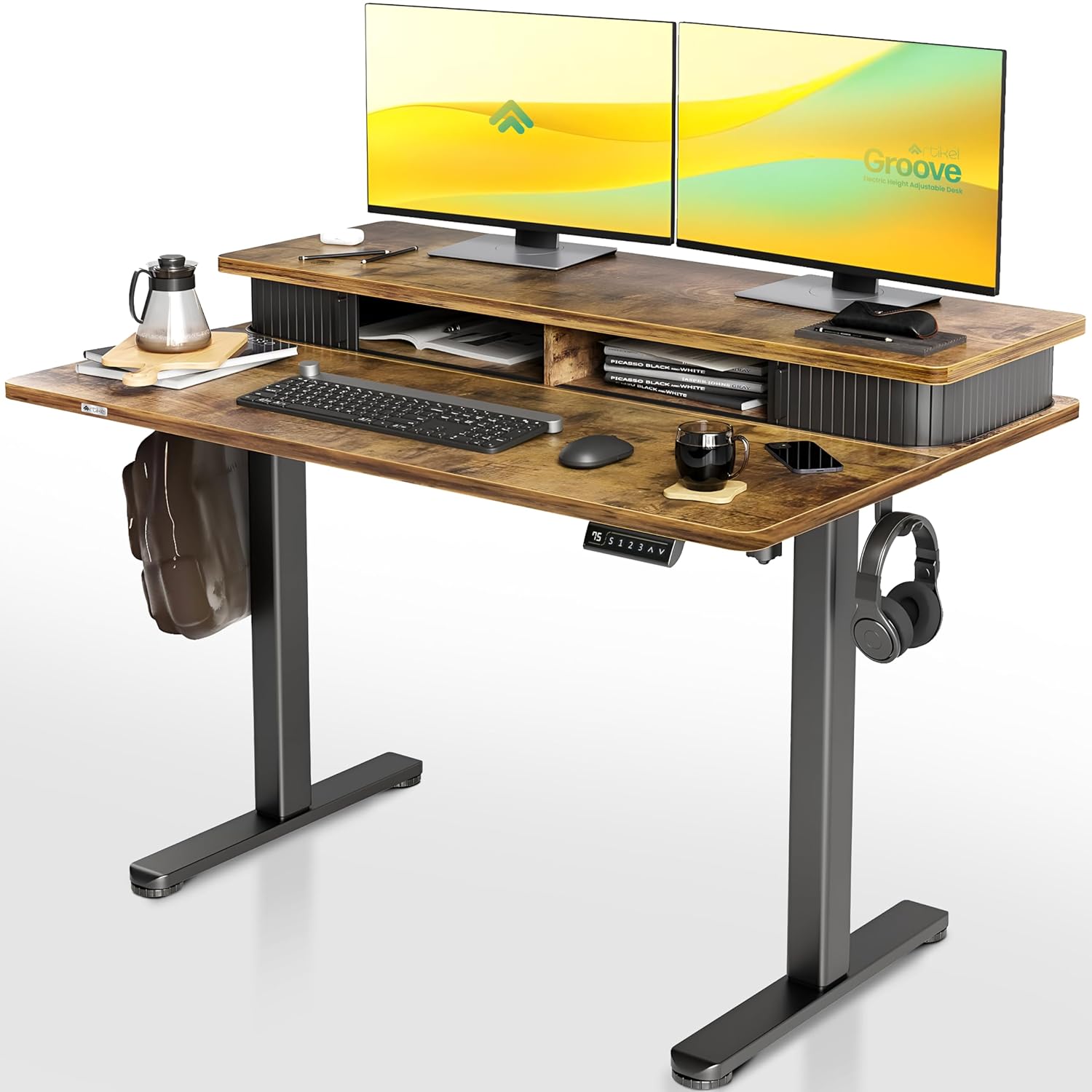 Drogo Artikel Groove Electric Height Adjustable Standing Desk with Roller Shutter Door Storage (Right Cabinet)