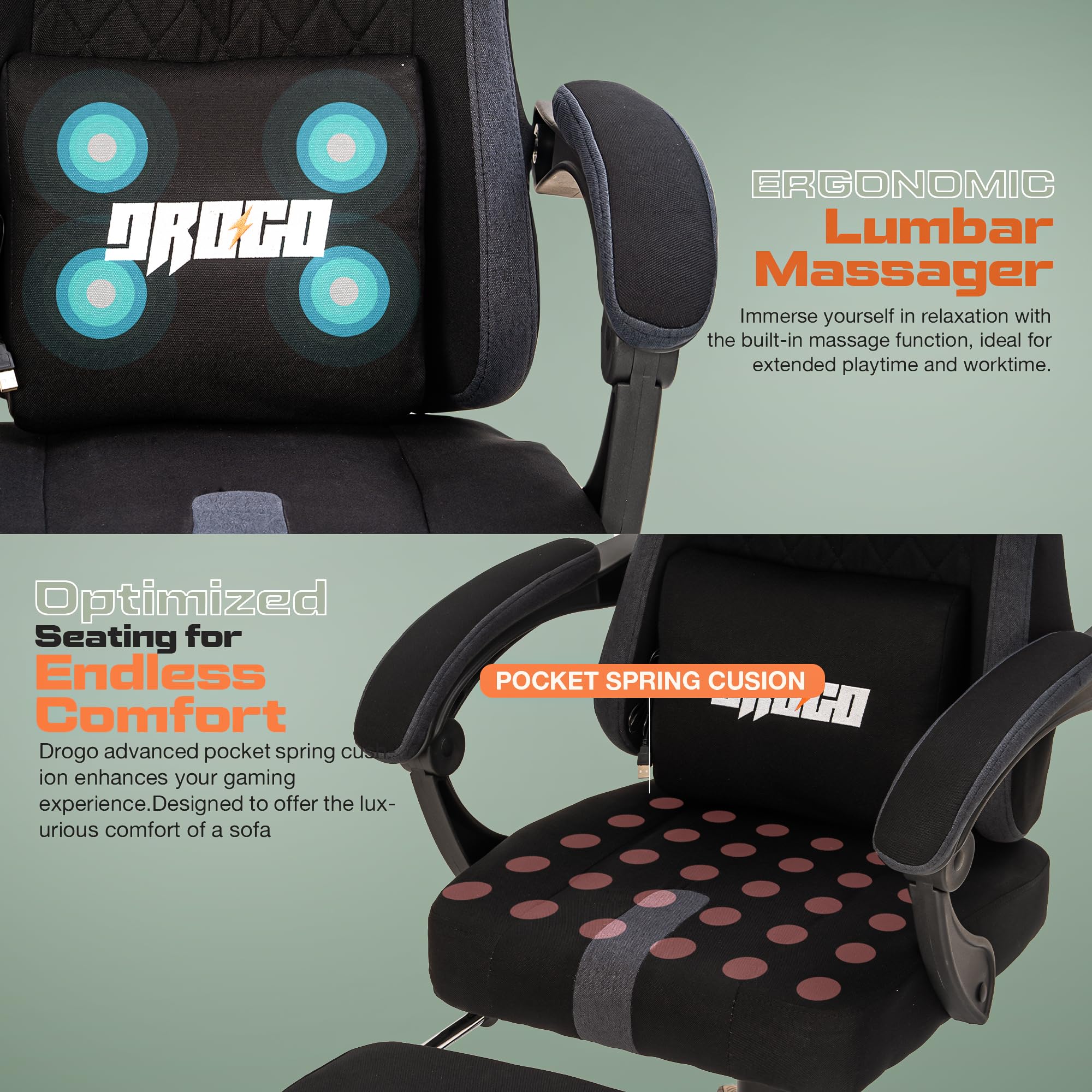 Drogo ComfortMax Ergonomic Gaming Chair with Breathable Fabric, Adjustable Neck