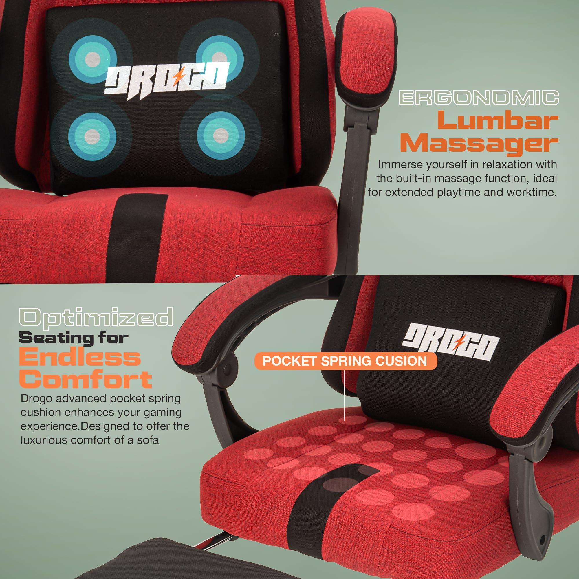 Drogo ComfortMax Ergonomic Gaming Chair with Breathable Fabric, Adjustable Neck