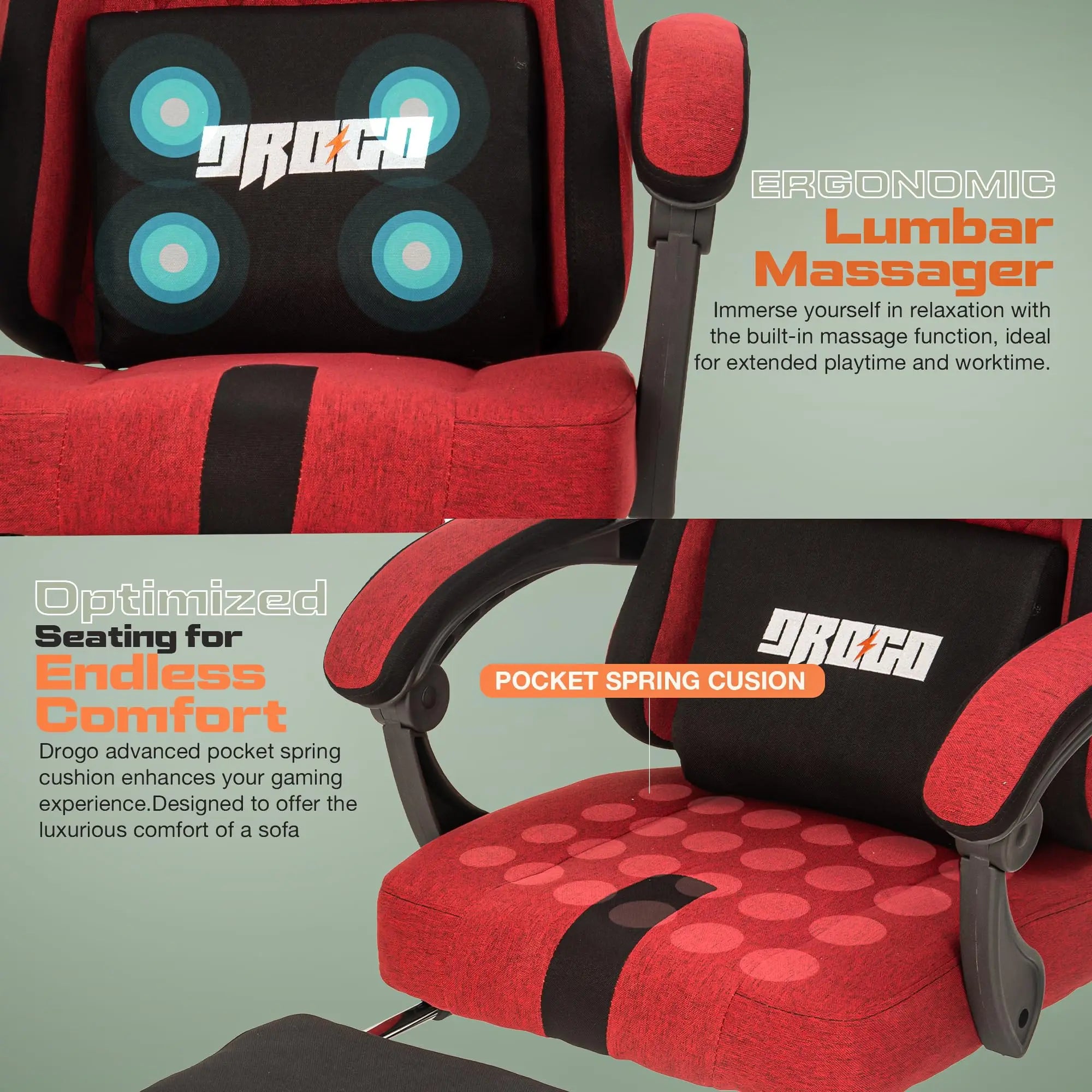 Drogo ComfortMax Ergonomic Video Game Chair with Breathable Fabric, Adjustable Neck Drogo India