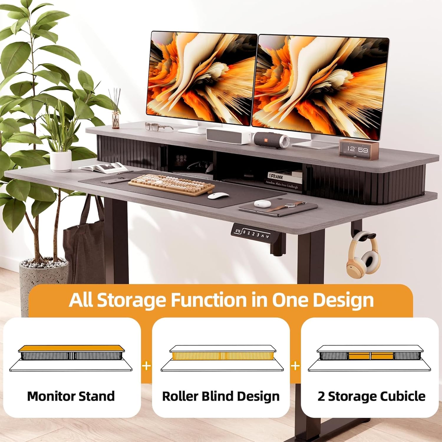 Drogo Groove Electric Height Adjustable Standing Desk with Roller Shutter Door Storage