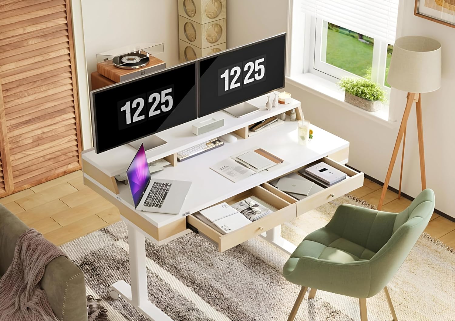Drogo Artikel Valor Electric Height Adjustable Standing Desk with Storage Drawers & Shelves | Ergonomic Sit-Stand Desk for Home Office | 120x60cm | White & Beige