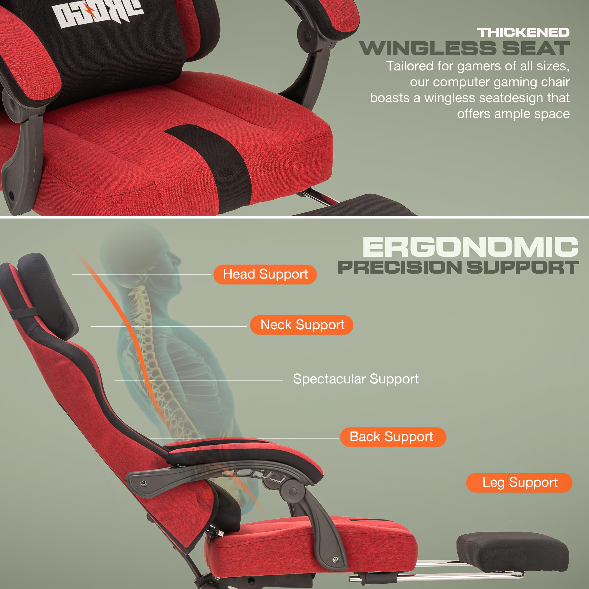 Drogo ComfortMax Ergonomic Gaming Chair with Breathable Fabric, Adjustable Neck