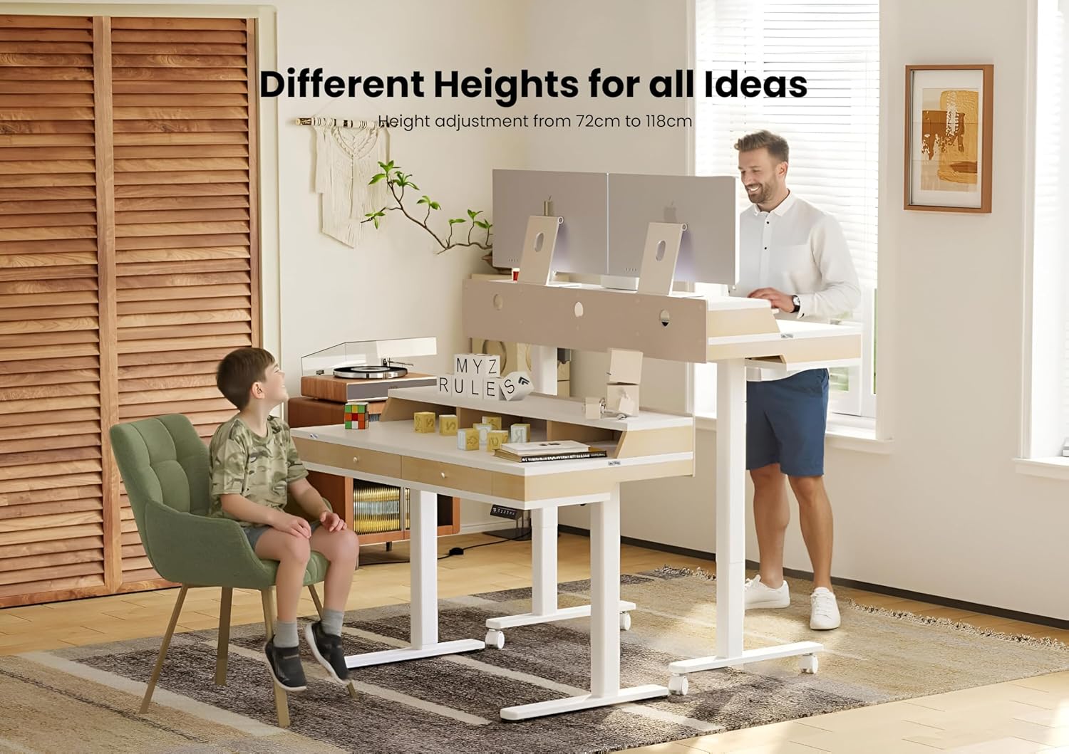 Drogo Artikel Valor Electric Height Adjustable Standing Desk with Storage Drawers & Shelves | Ergonomic Sit-Stand Desk for Home Office | 120x60cm | White & Beige