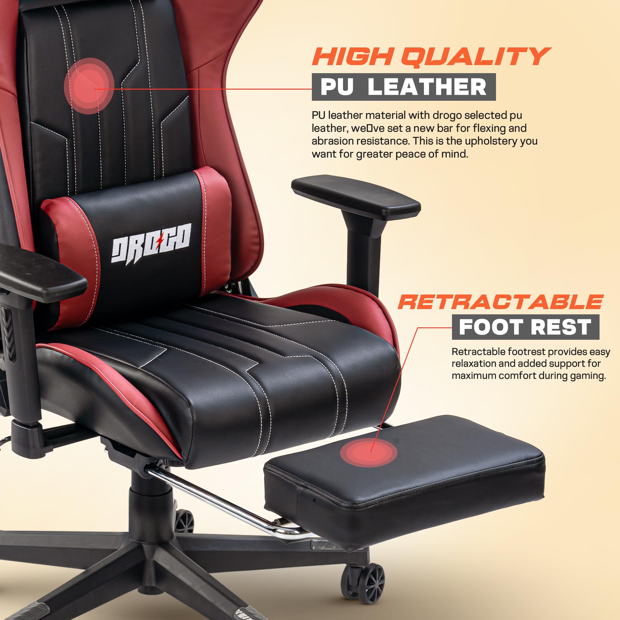 Drogo Wrath Pro Ergonomic Gaming Chair with Adjustable Seat, PU Leather